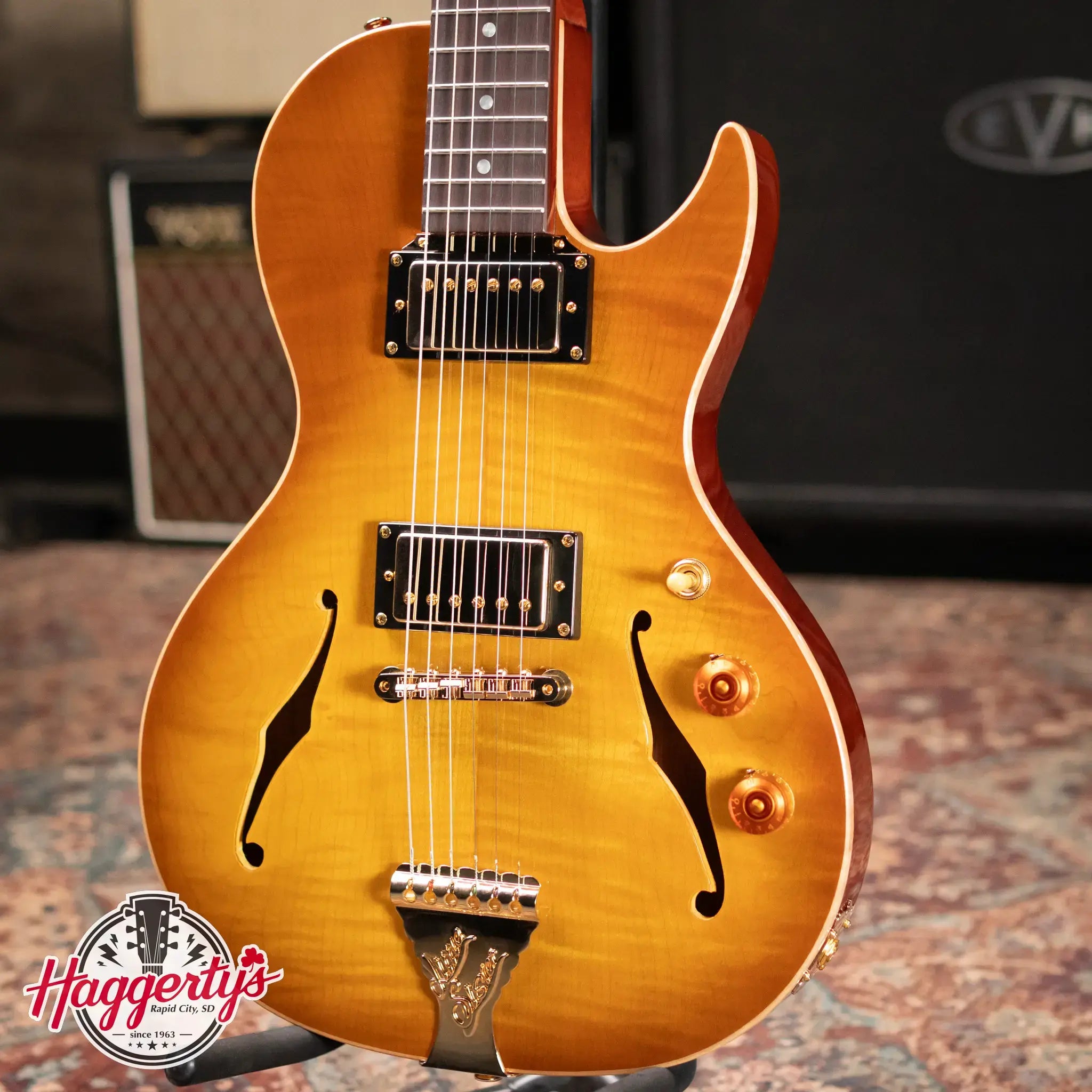 B&G Crossroads Little Sister Cutaway with Humbuckers Semi-Hollow Electric Guitar - Honey Burst with Private Stock Hardshell Case