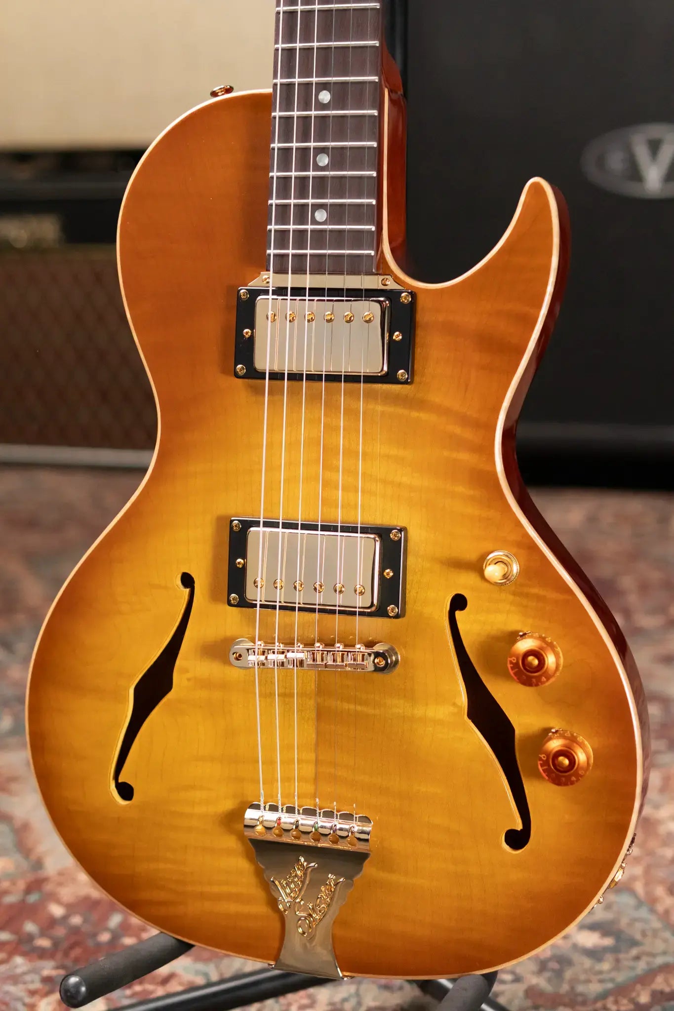 B&G Crossroads Little Sister Cutaway with Humbuckers Semi-Hollow Electric Guitar - Honey Burst with Private Stock Hardshell Case