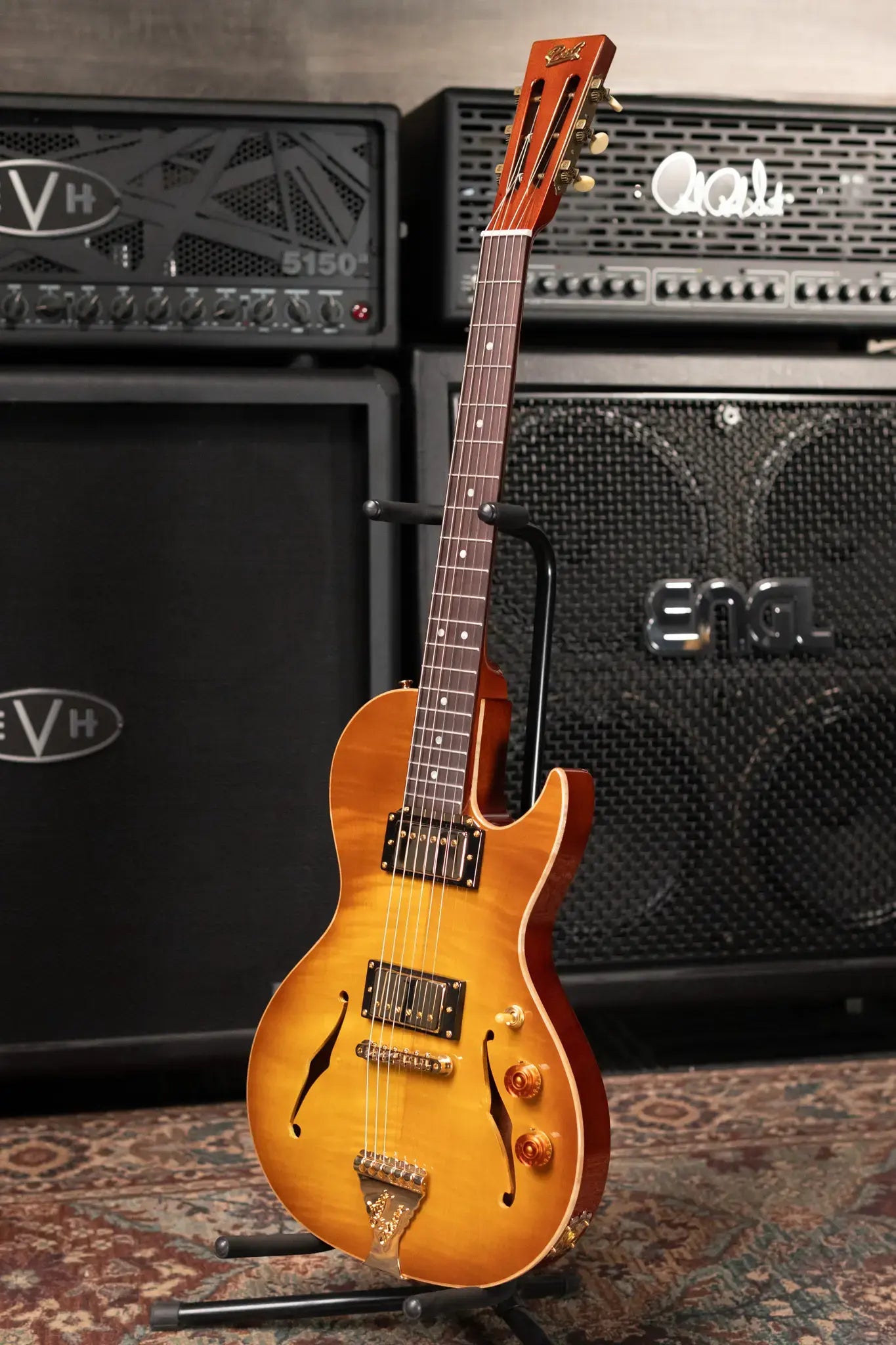 B&G Crossroads Little Sister Cutaway with Humbuckers Semi-Hollow Electric Guitar - Honey Burst with Private Stock Hardshell Case