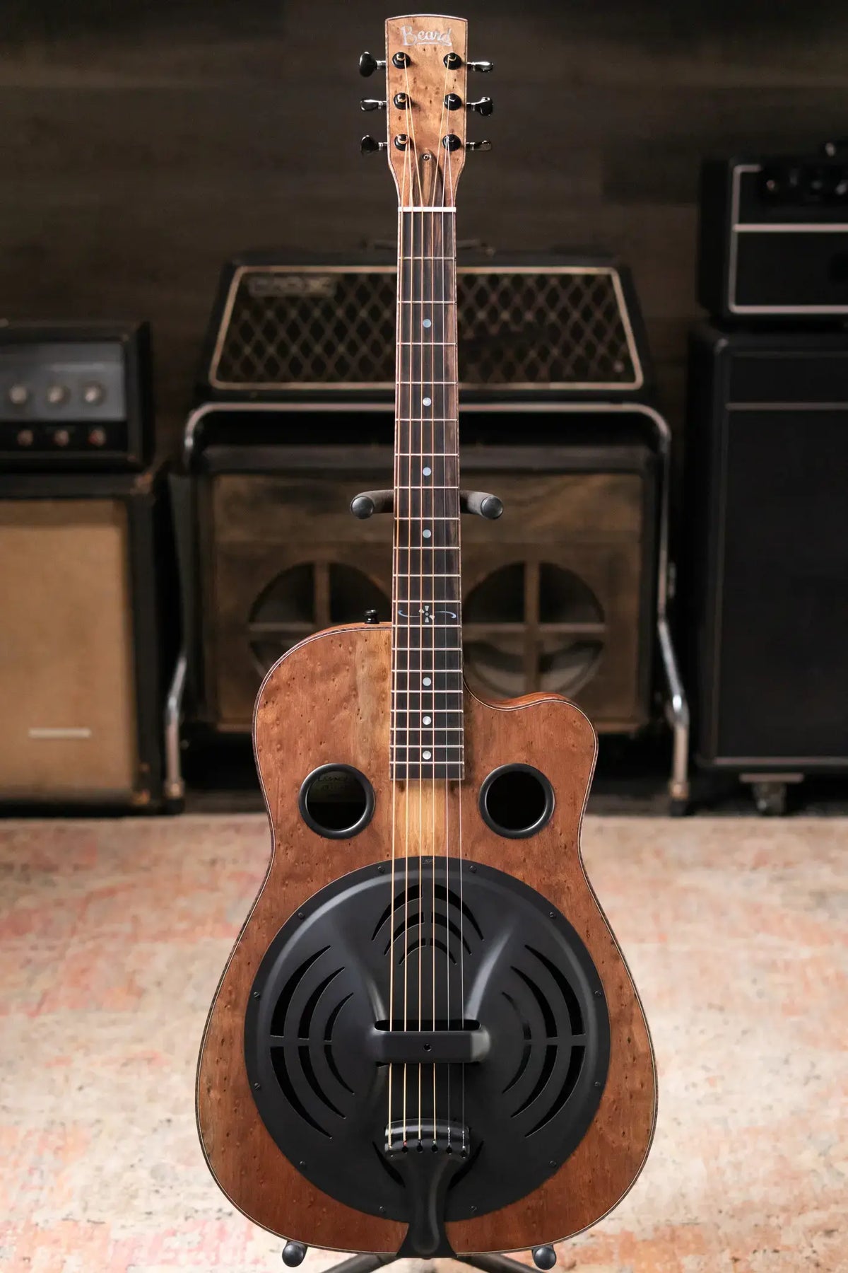 Beard Custom Shop Legacy E Round Neck Acoustic Guitar - Natural Curly Walnut with Hardshell Case