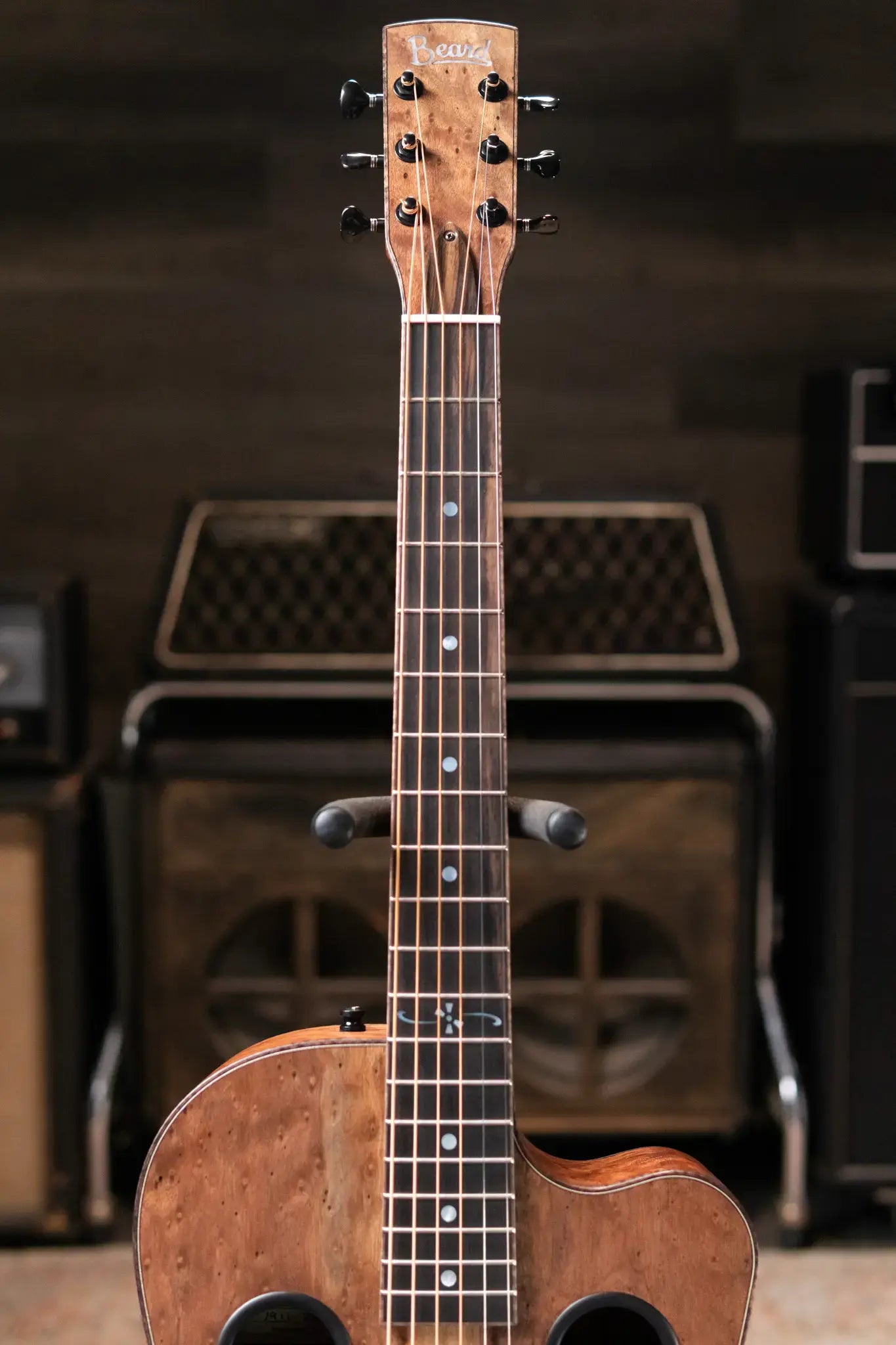 Beard Custom Shop Legacy E Round Neck Acoustic Guitar - Natural Curly Walnut with Hardshell Case