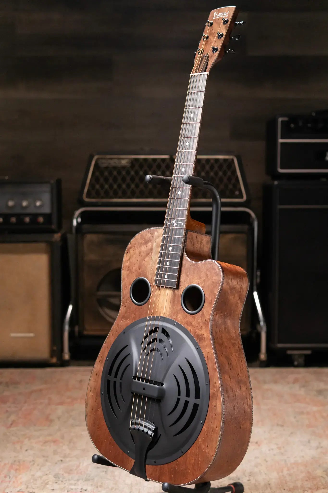 Beard Custom Shop Legacy E Round Neck Acoustic Guitar - Natural Curly Walnut with Hardshell Case