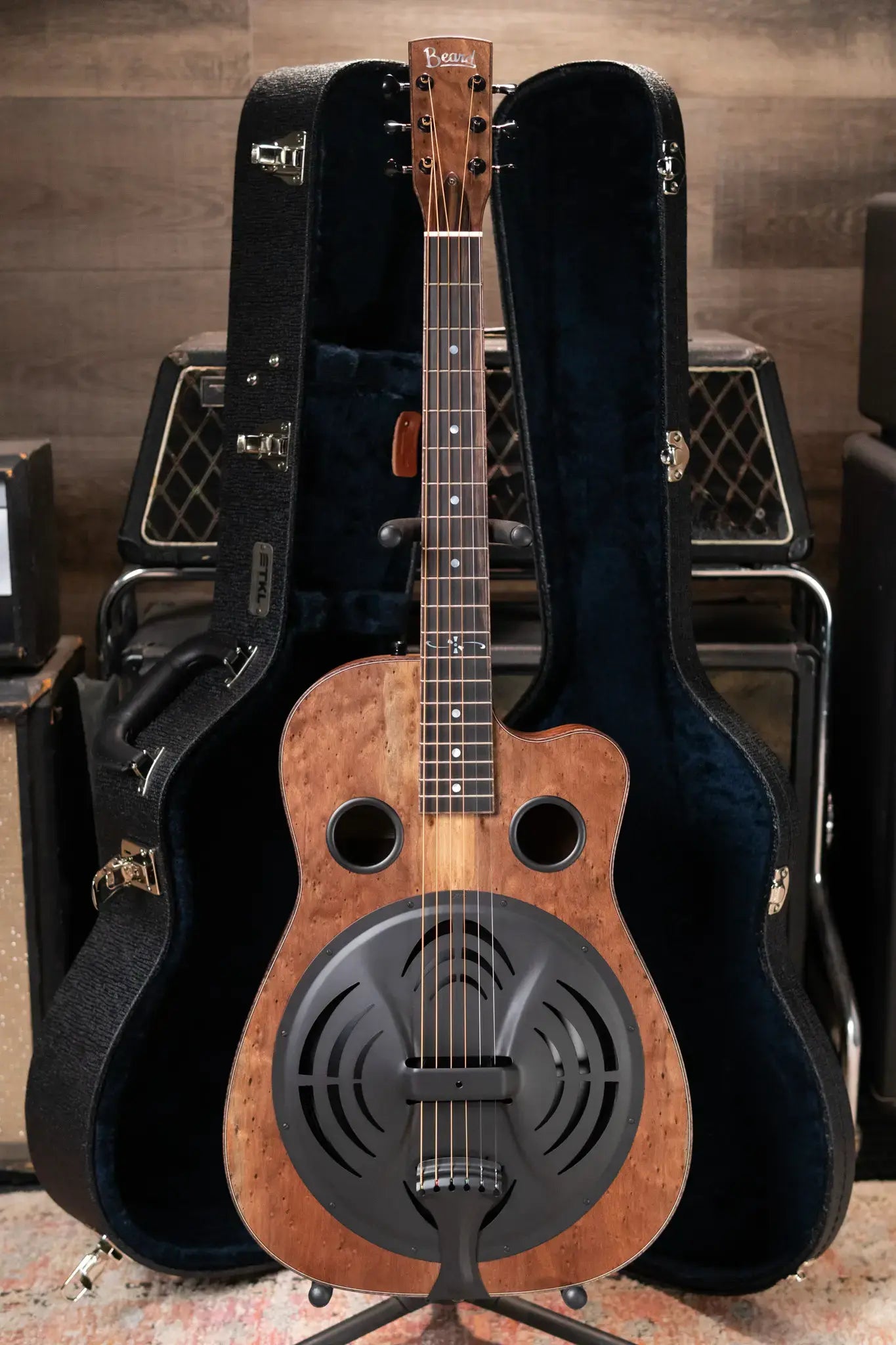 Beard Custom Shop Legacy E Round Neck Acoustic Guitar - Natural Curly Walnut with Hardshell Case