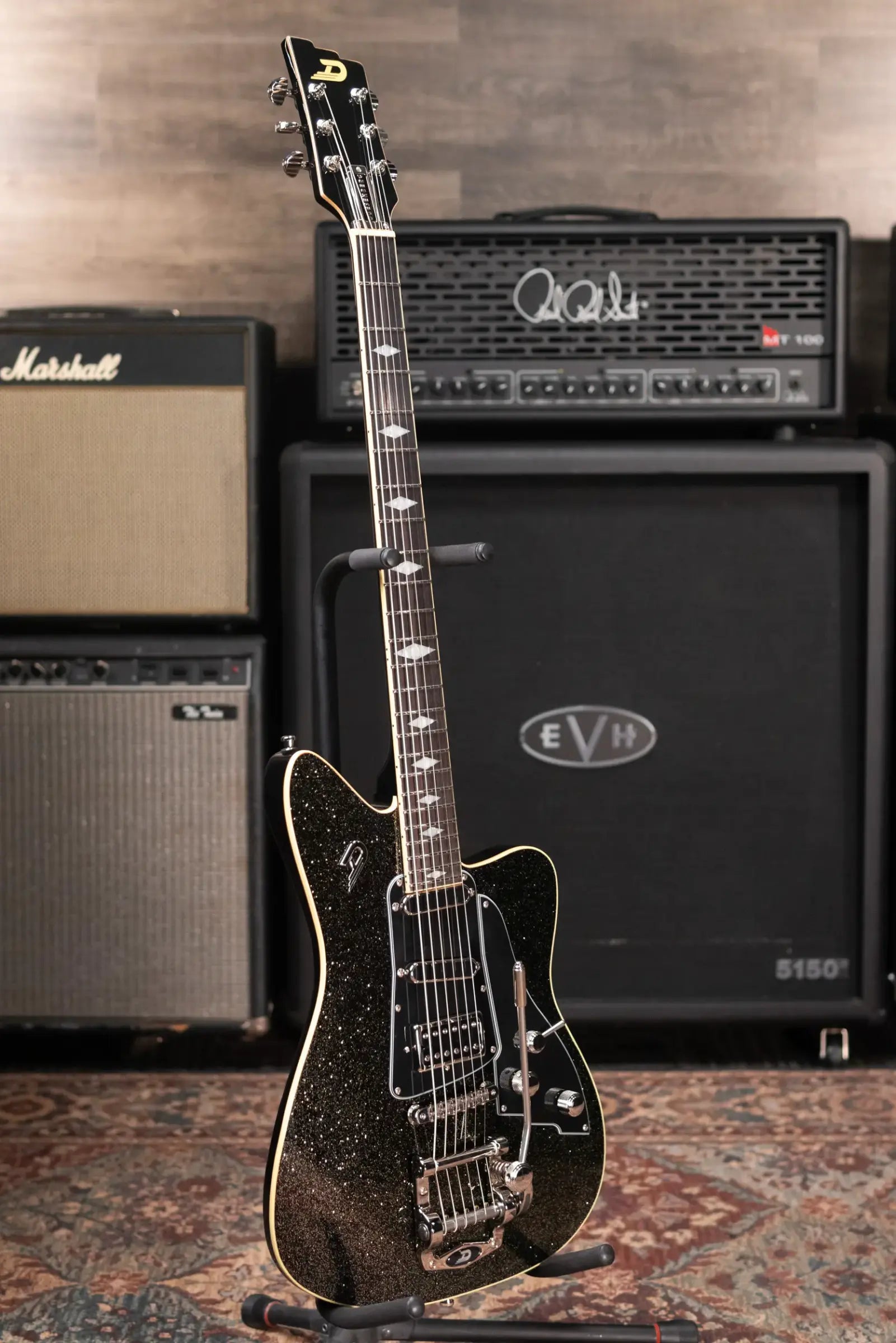 Duesenberg Paloma Baritone Electric Guitar - Black Sparkle with Gig Bag