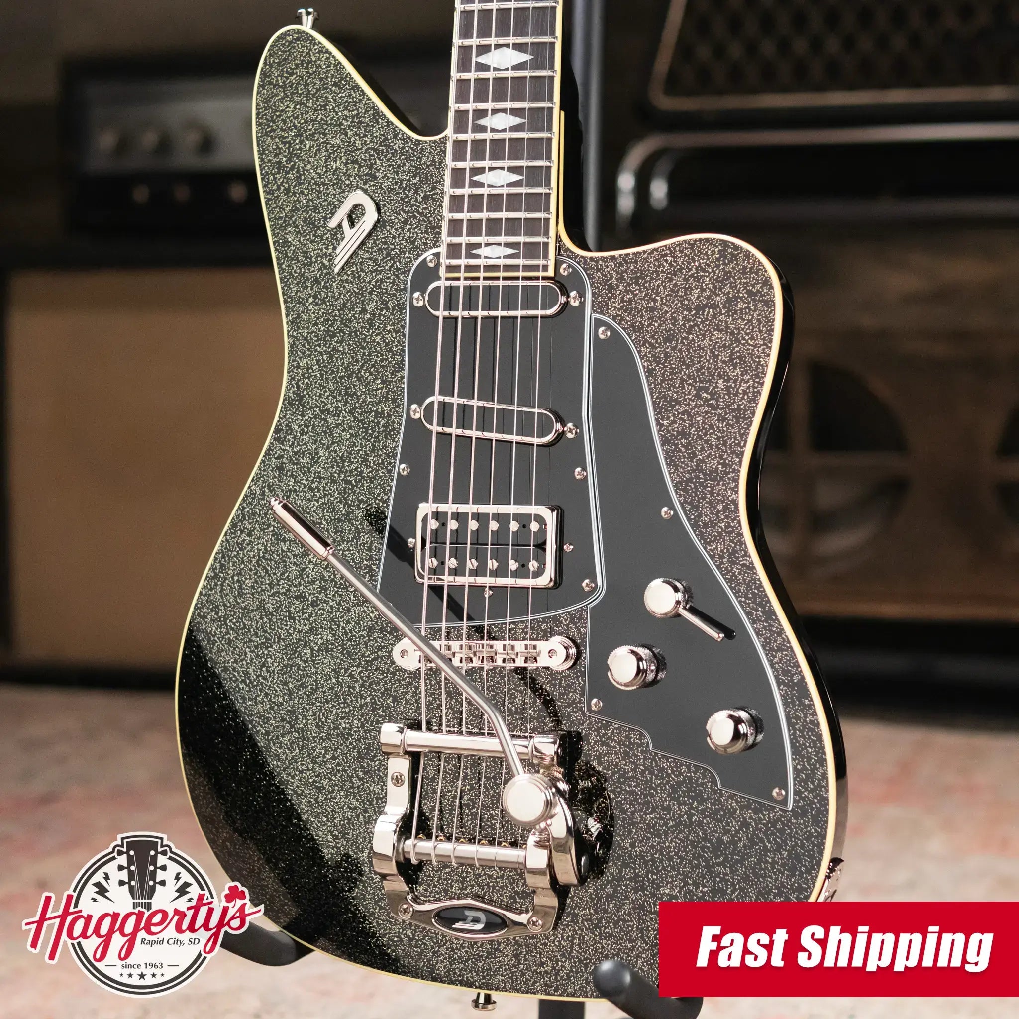 Duesenberg Paloma Baritone Electric Guitar - Black Sparkle with Gig Bag