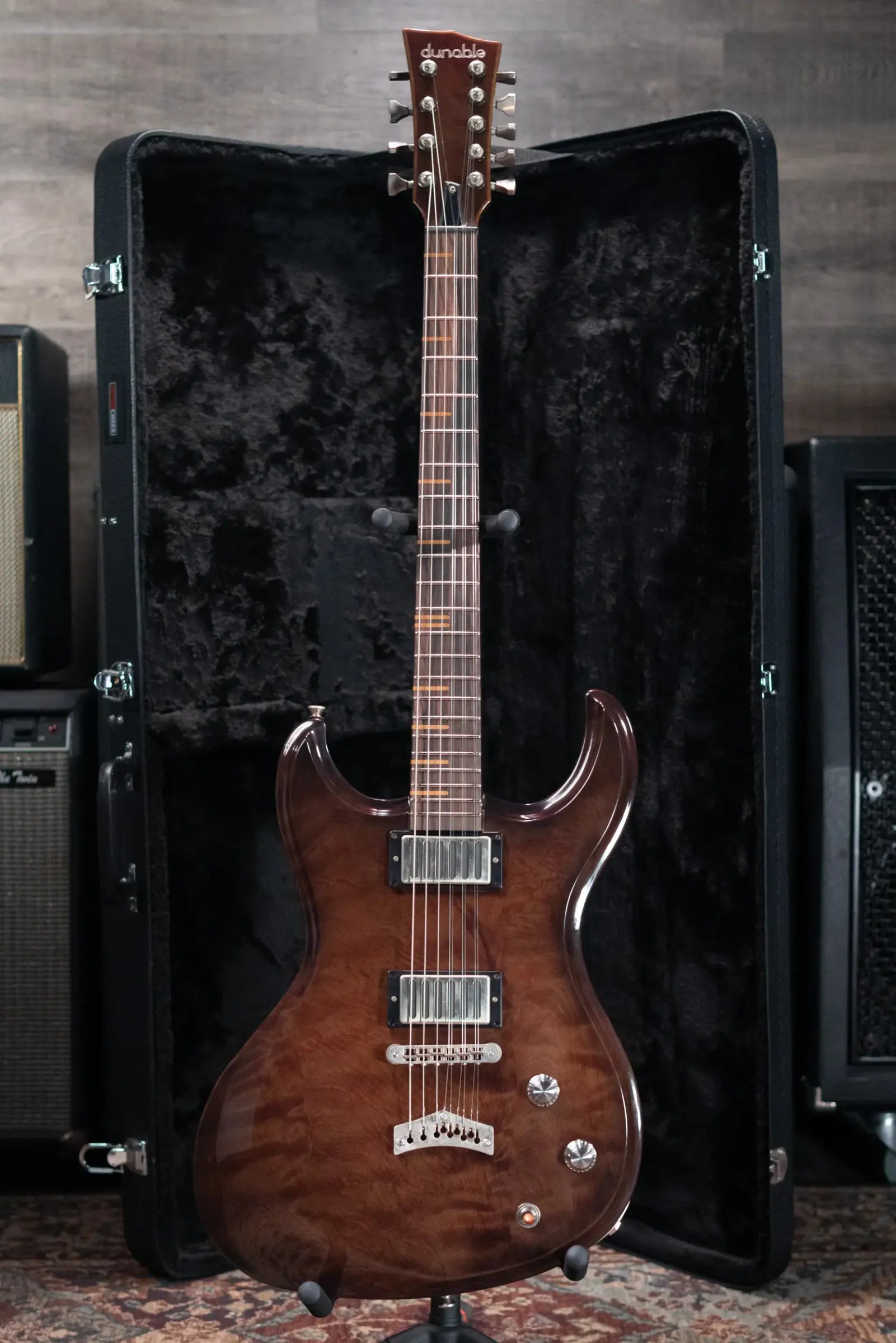 Dunable Custom Gnarwhal 9-String 1-Piece Curly Redwood Electric Guitar - Charcoal/Red Shift with Hardshell Case