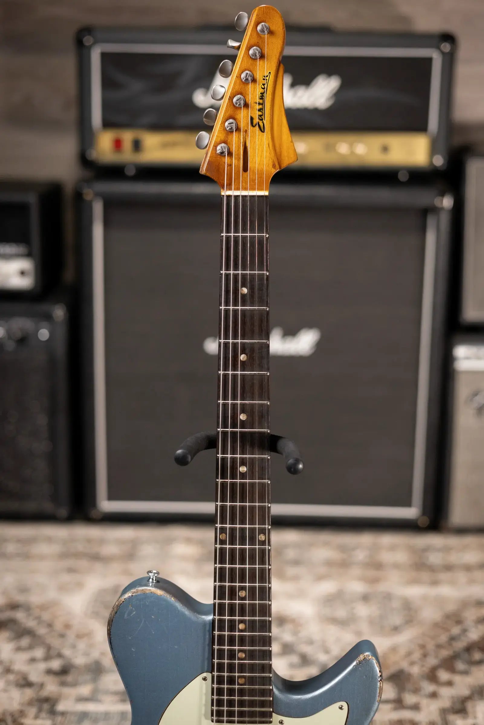 Eastman Kauffmann Series SC Deluxe - Made in Holland - Heavy Relic Electric Guitar - Ice Blue Metallic over Target Sunburst with Padded Gig Bag