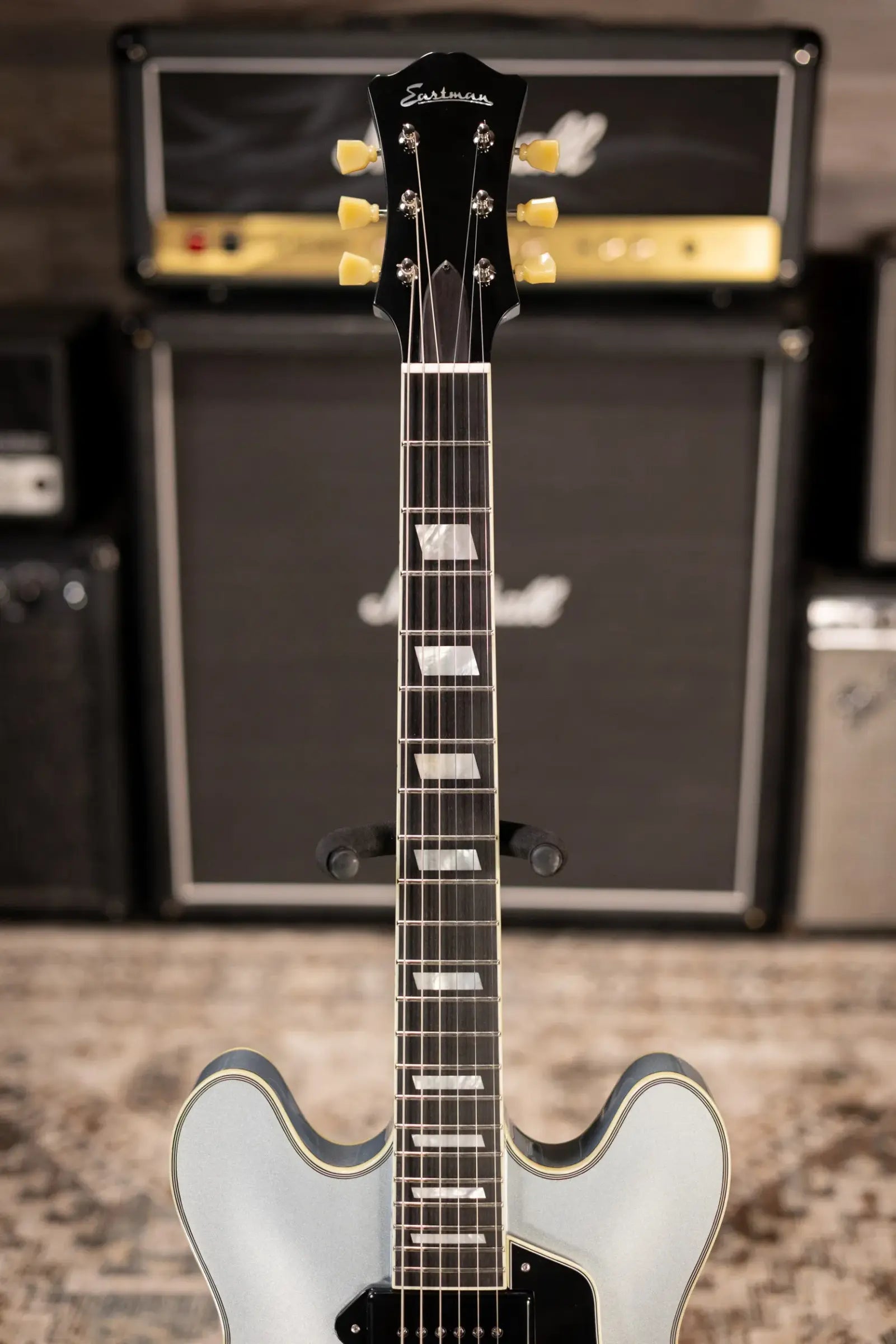 Eastman T64 Trapeze Hollow Body Electric Guitar - Iced Blue Metallic with Gig Bag