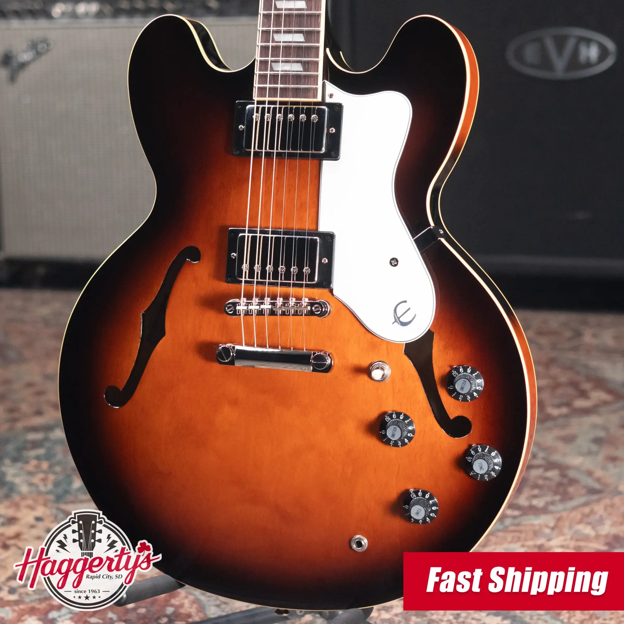 Epiphone Bonehead Signature Riviera Semi-Hollow Electric Guitar - Dark Tobacco Sunburst with Hardshell Case