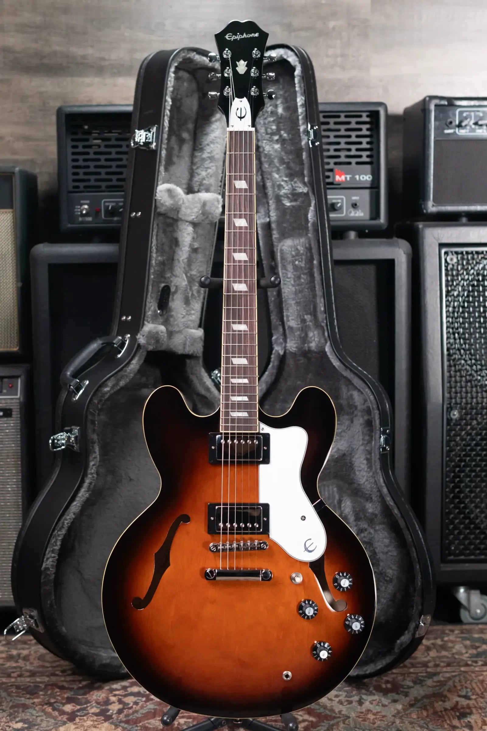 Epiphone Bonehead Signature Riviera Semi-Hollow Electric Guitar - Dark Tobacco Sunburst with Hardshell Case