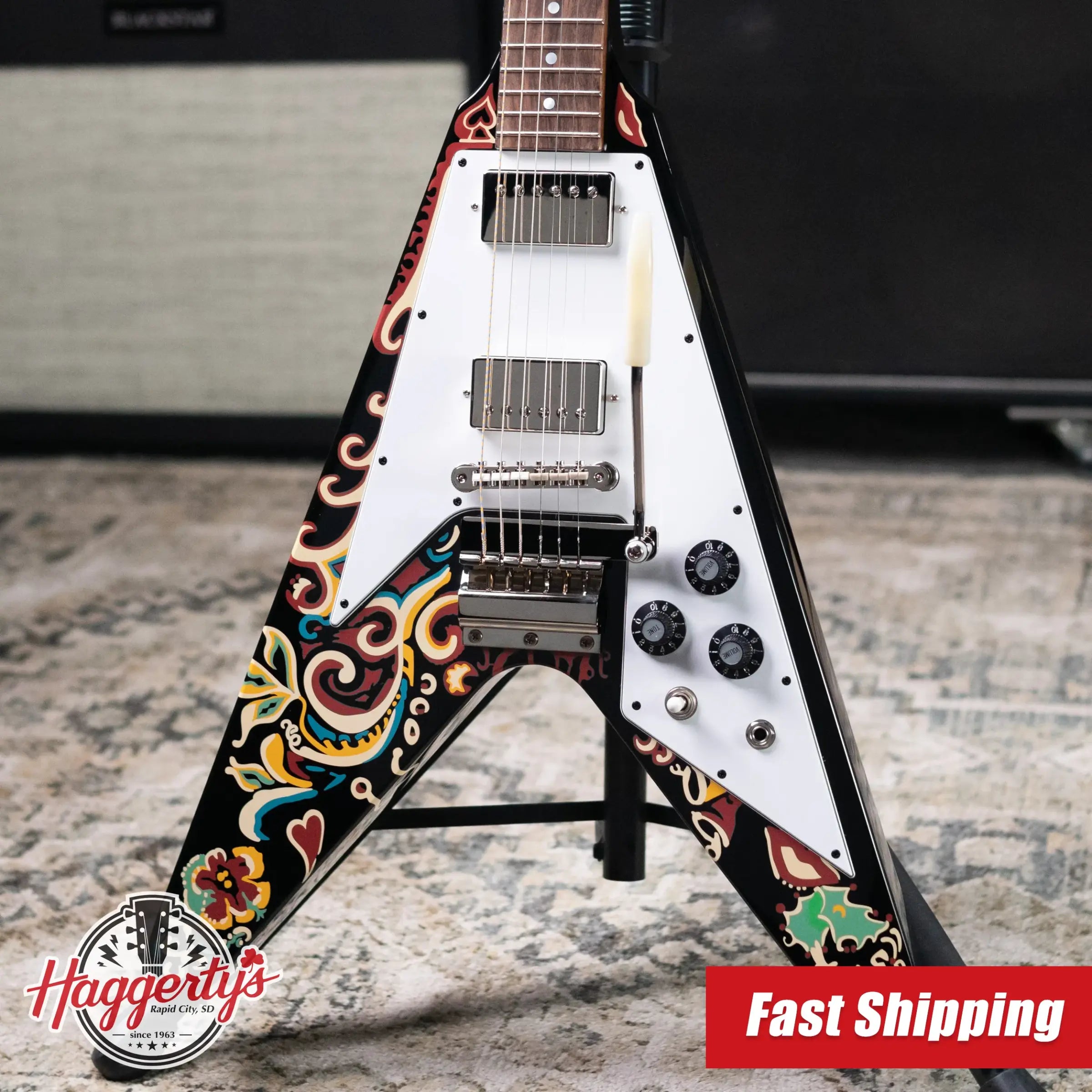 Epiphone Jimi Hendrix "Love Drops" Flying V Electric Guitar - Ebony with Hardshell Case - Floor Model
