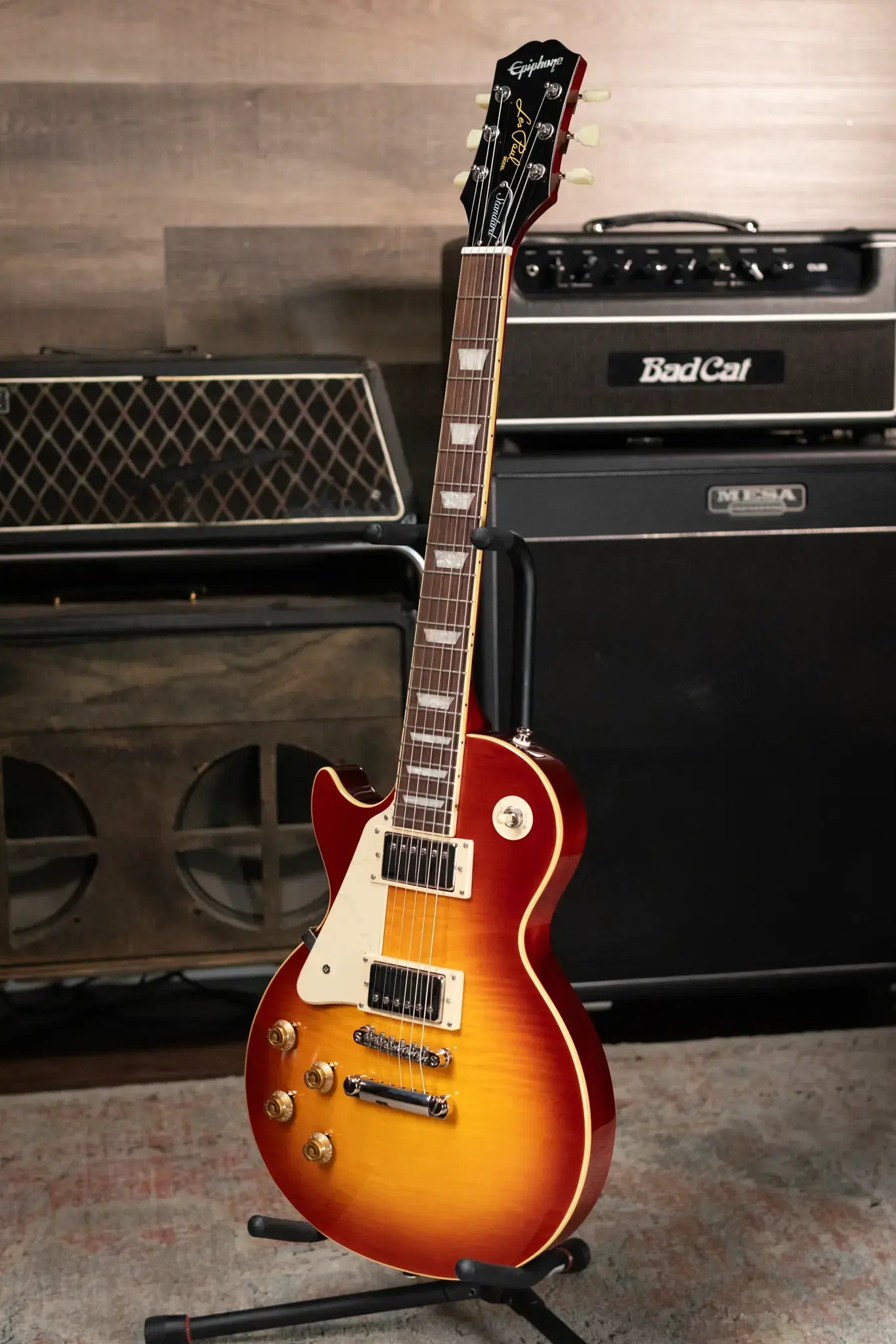 Epiphone Les Paul Standard 50s Figured Left Handed Electric Guitar - Washed Cherry Sunburst with Gig Bag