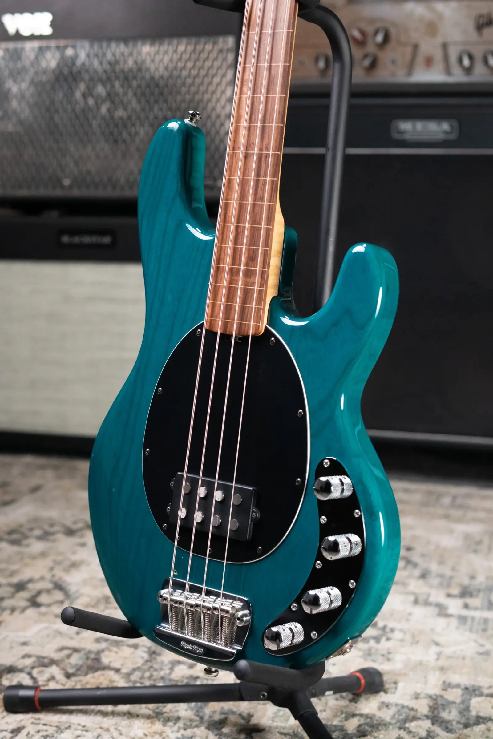 Ernie Ball Music Man StingRay 4 H Fretless Bass Translucent Teal - Used