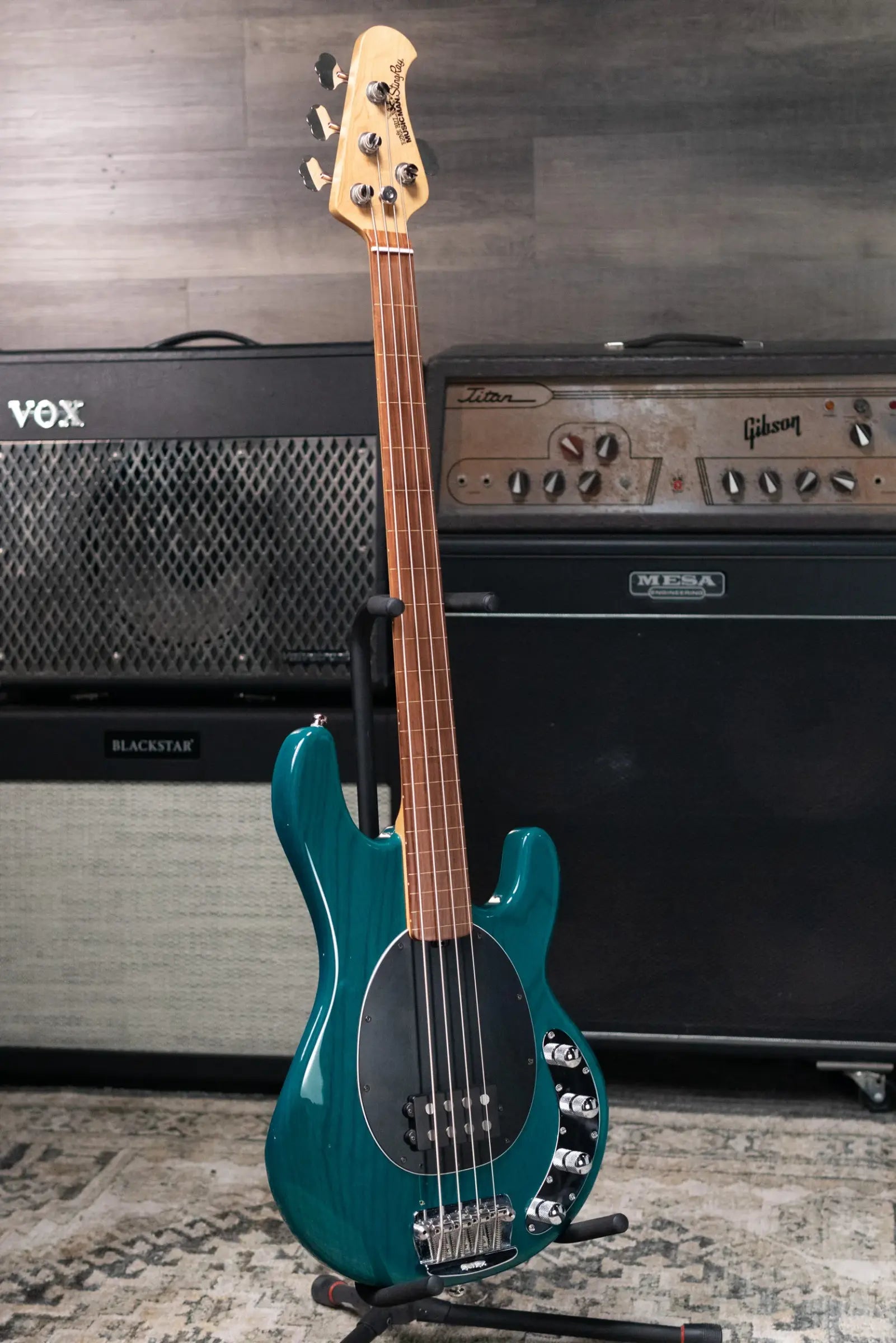 Ernie Ball Music Man StingRay 4 H Fretless Bass Translucent Teal - Used