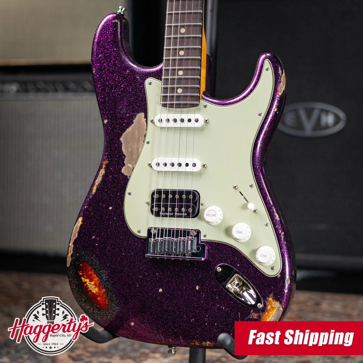 Fender Custom Shop LR25-CUST DLX HBS-1 Heavy Relic Stratocaster Electric Guitar - Magenta Sparkle over 3-Tone Sunburst with Hardshell Case
