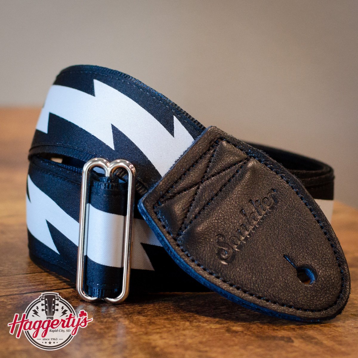 Souldier Classic Series Lightning Bolt Guitar Strap, Silver on Black