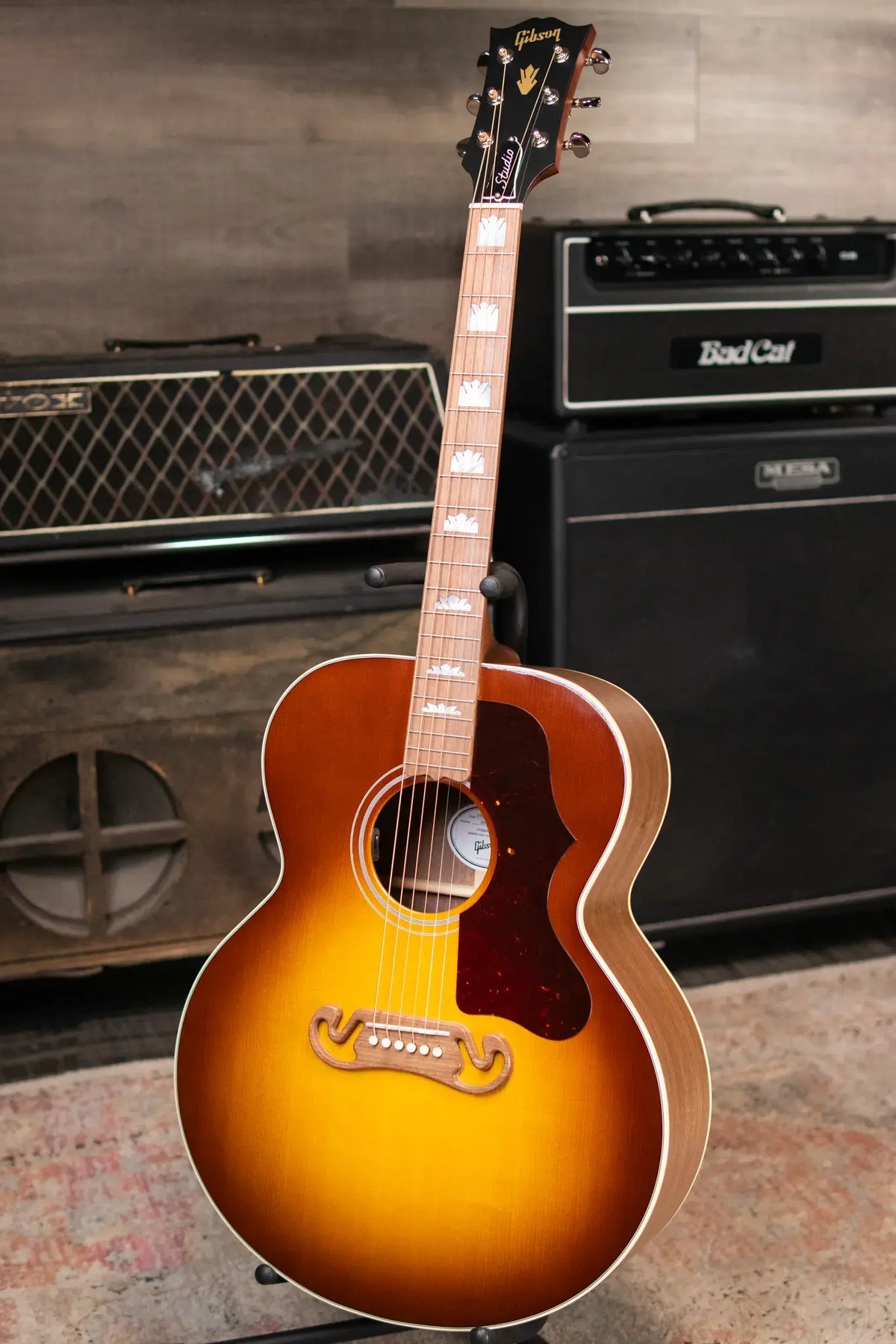 Gibson SJ-200 Studio Walnut Jumbo Acoustic/Electric Guitar - Satin Walnut Burst with Hardshell Case - Demo
