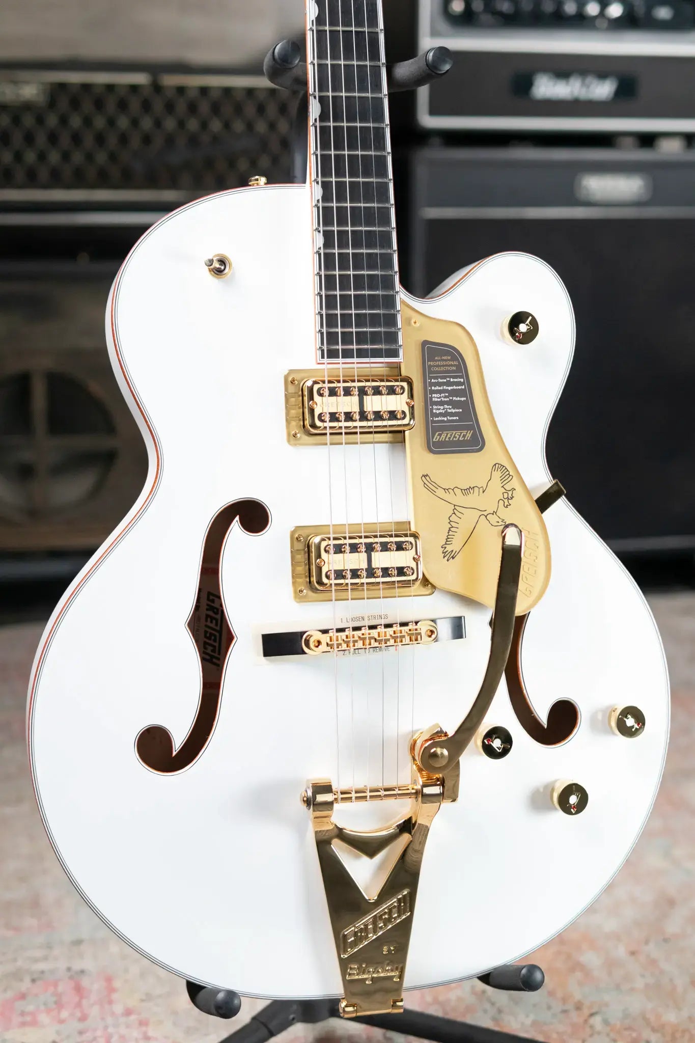 Gretsch Falcon Hollow Body with String-Thru Bigsby and Gold Hardware, Ebony Fingerboard - White with Hardshell Case