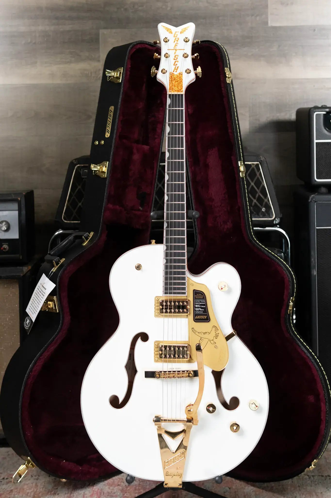 Gretsch Falcon Hollow Body with String-Thru Bigsby and Gold Hardware, Ebony Fingerboard - White with Hardshell Case