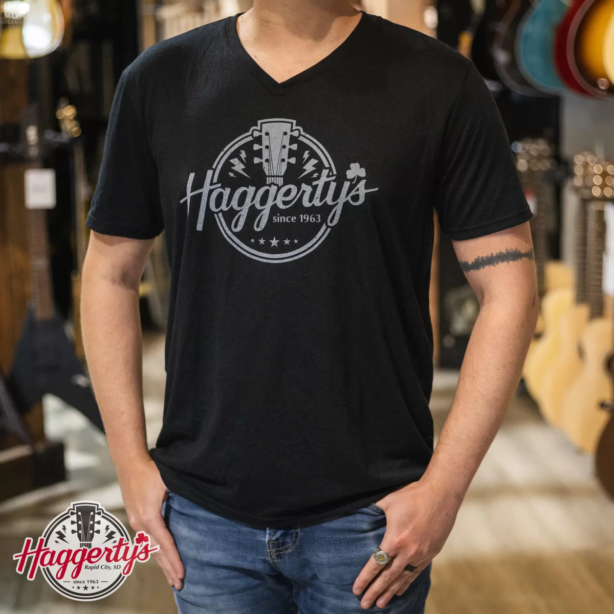 Haggerty's Logo Black Men's V-Neck T-Shirt - LG