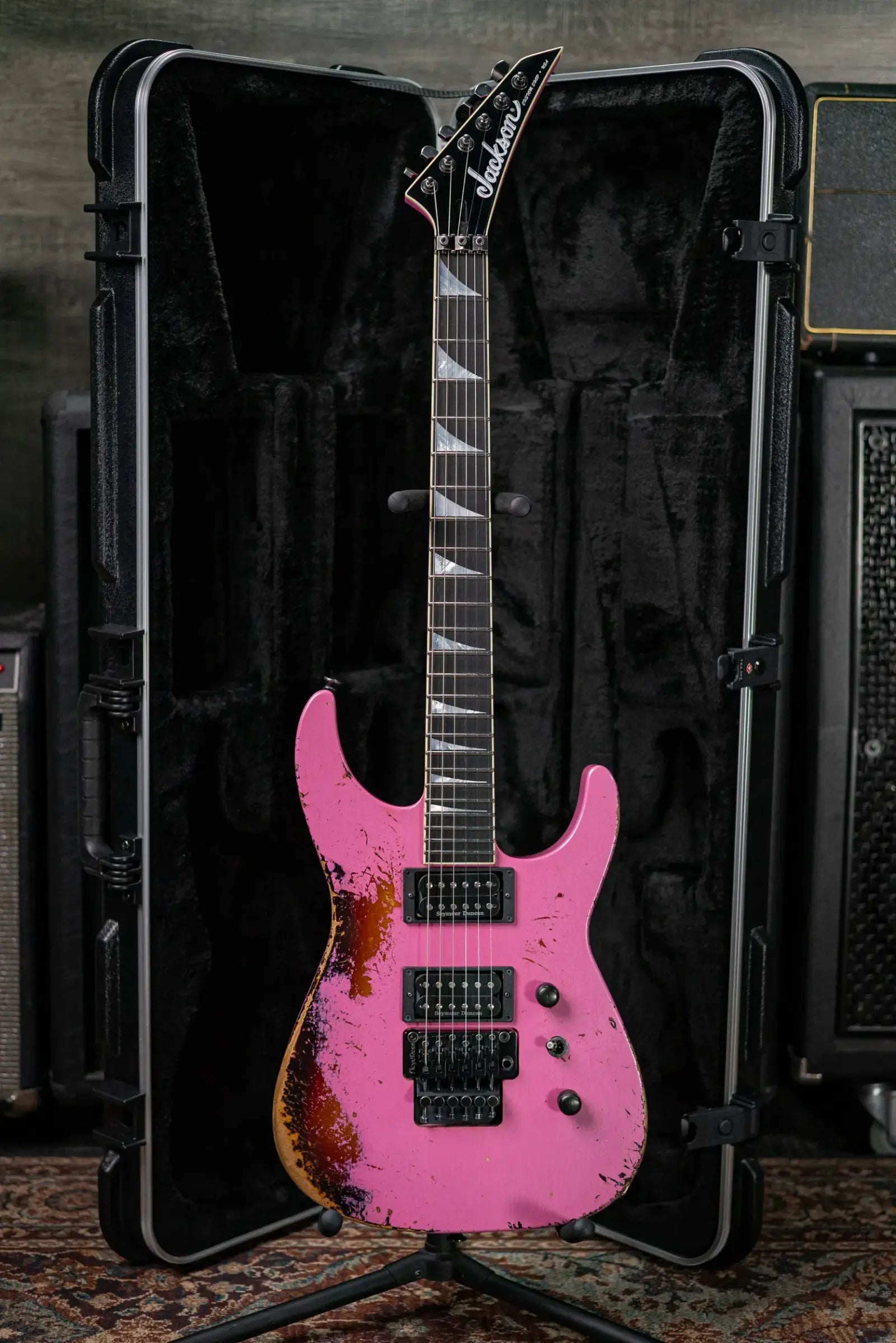 Jackson Custom Shop Special Edition Soloist 2H FR Electric Guitar - Nitro Tour Relic Platinum Pink over 3-Tone Sunburst with Hardshell Case