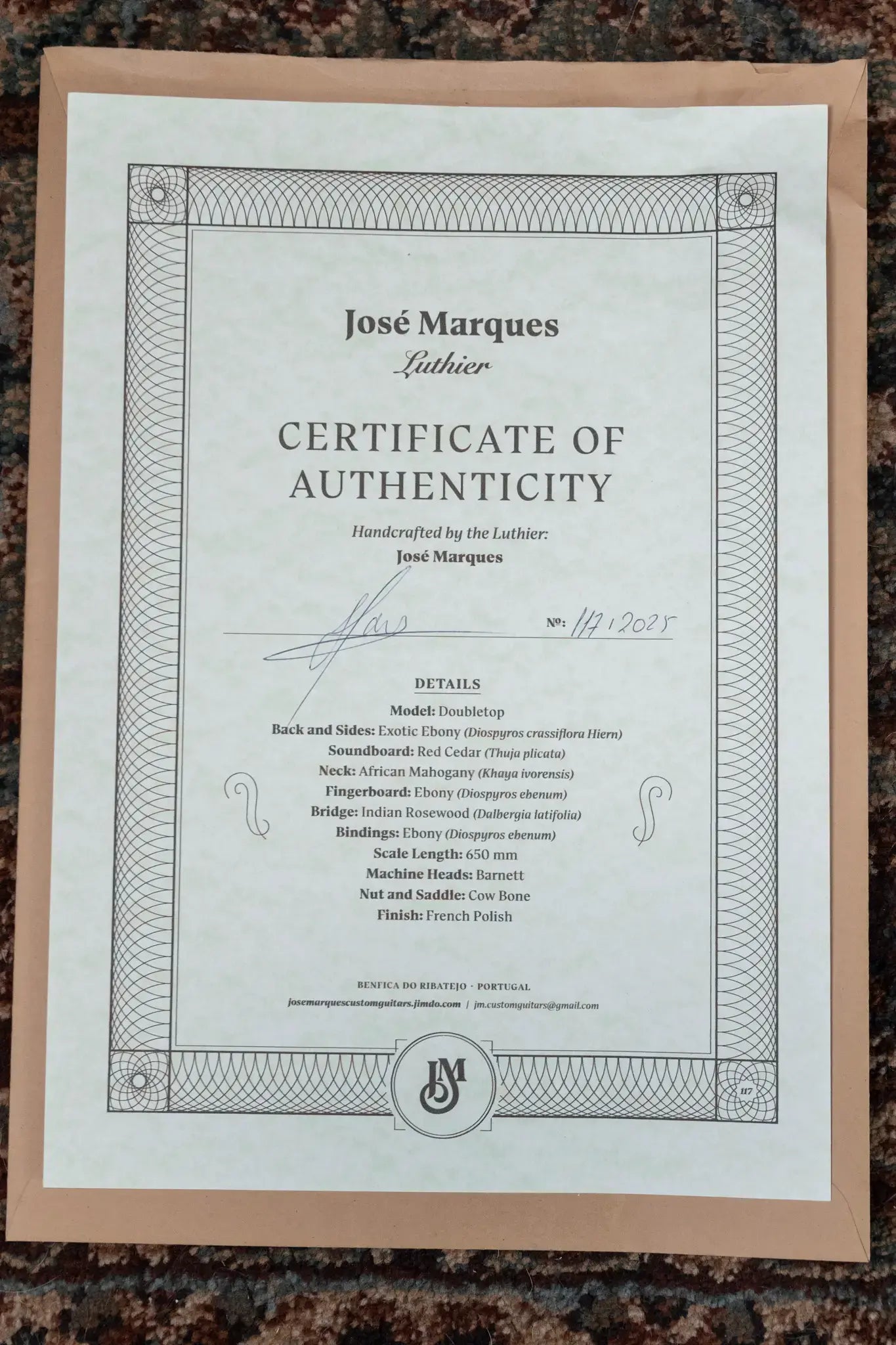 Jose Marques Doubletop Classical Acoustic Guitar - Exotic Ebony, Cedar Top with Hardshell Case