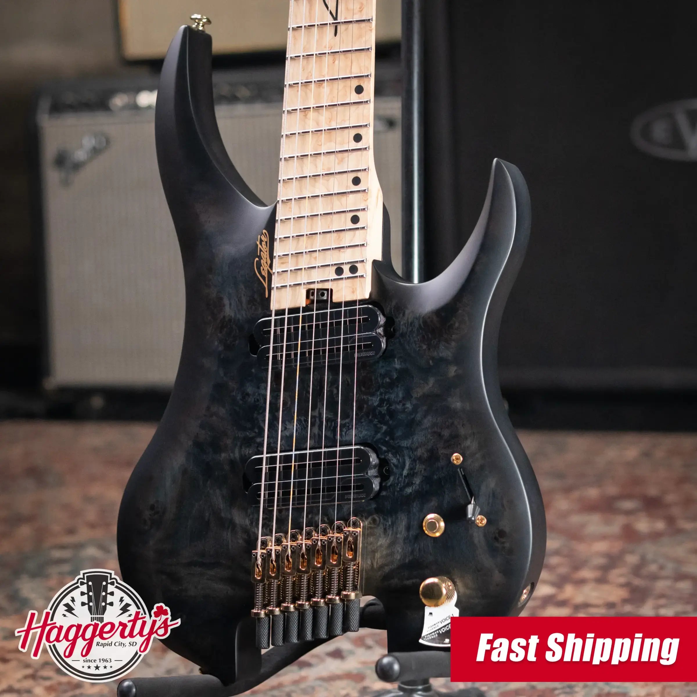 Legator Sebastiside Signature SB-7 Ghost 7-String Electric Guitar - Trans Black Burl Top with Gig Bag