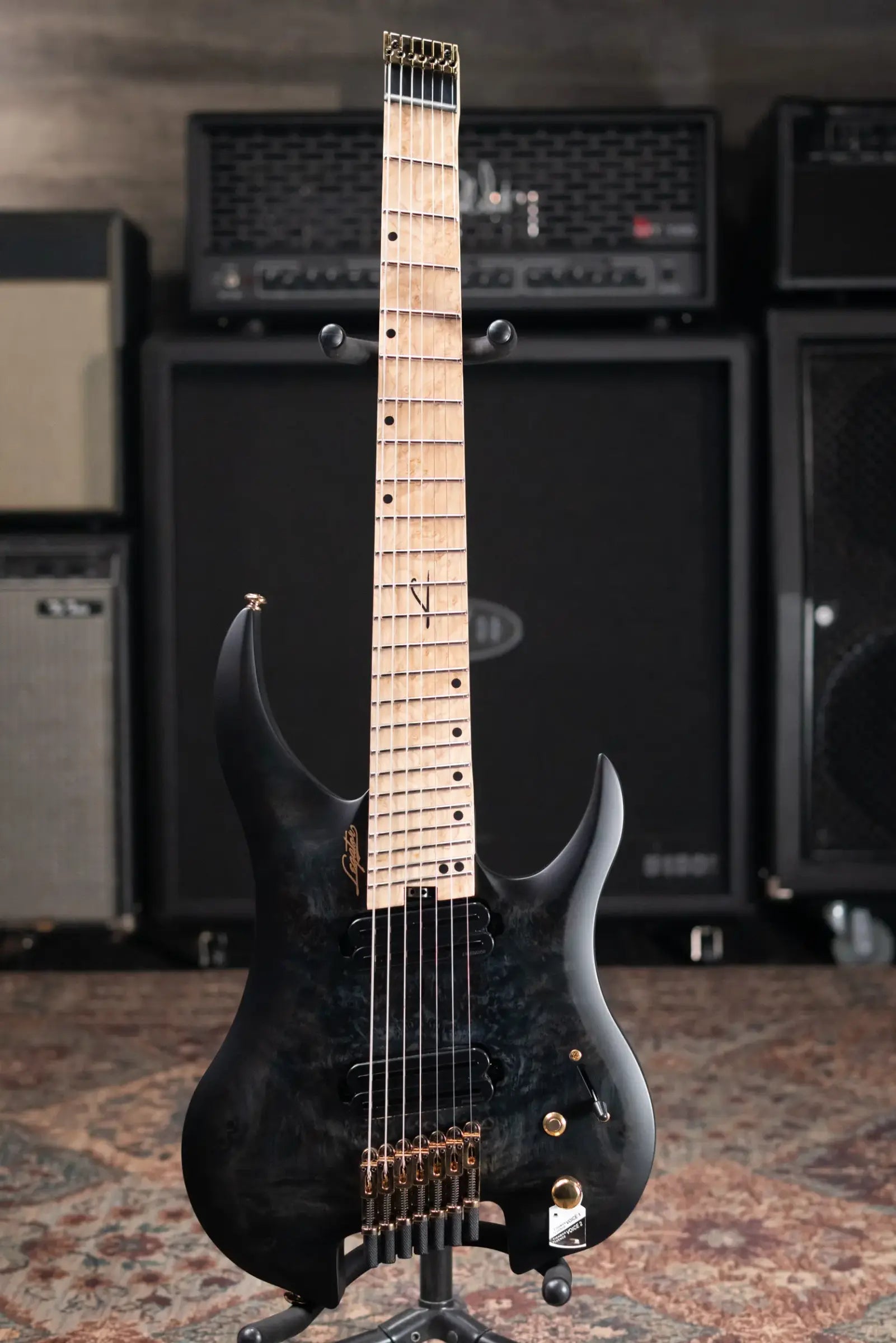 Legator Sebastiside Signature SB-7 Ghost 7-String Electric Guitar - Trans Black Burl Top with Gig Bag