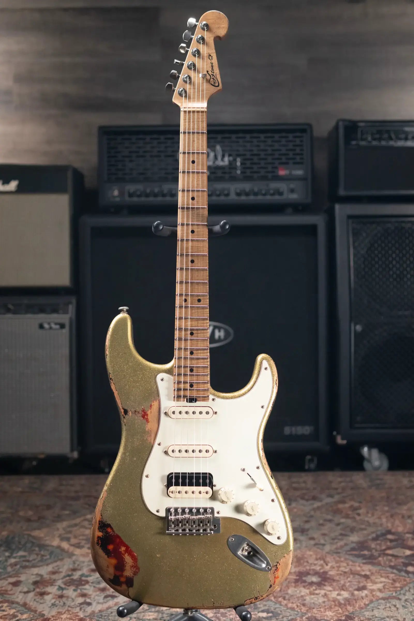 Luxxtone Choppa S HSS Electric Guitar - Gold Sparkle over 3-Tone Sunburst with Hardshell Case