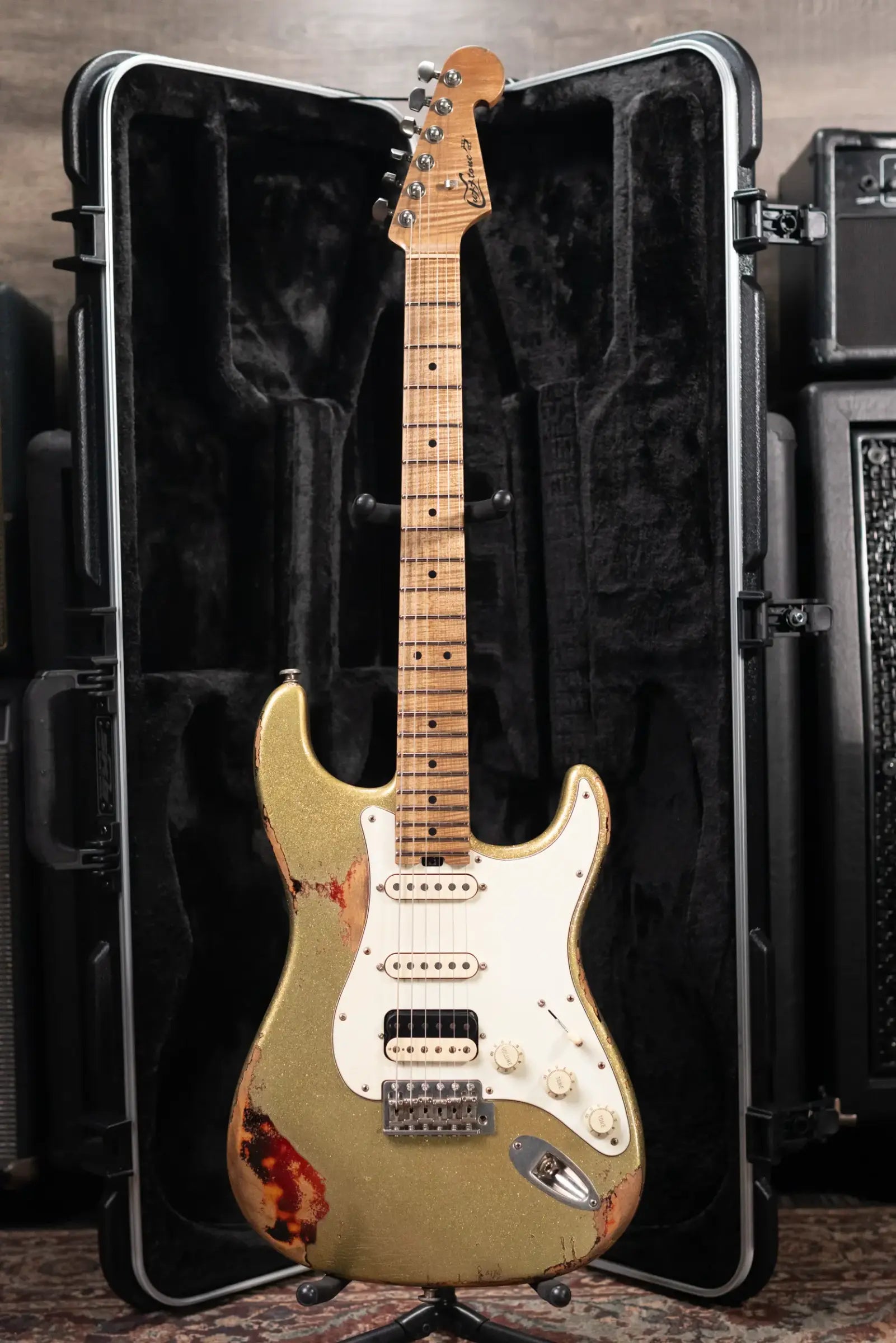 Luxxtone Choppa S HSS Electric Guitar - Gold Sparkle over 3-Tone Sunburst with Hardshell Case