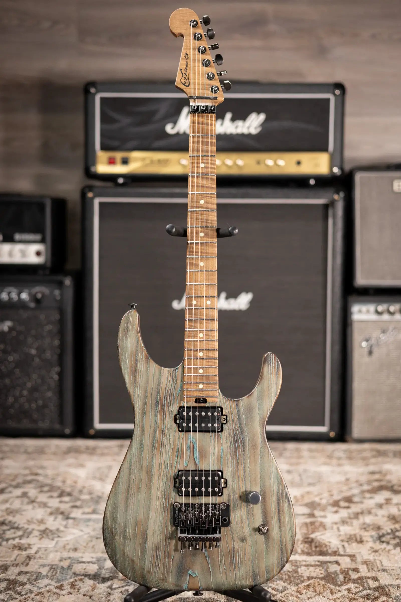 Luxxtone Custom Shop Ghost Electric Guitar - Torched Turquoise Salvage with Hardshell Case