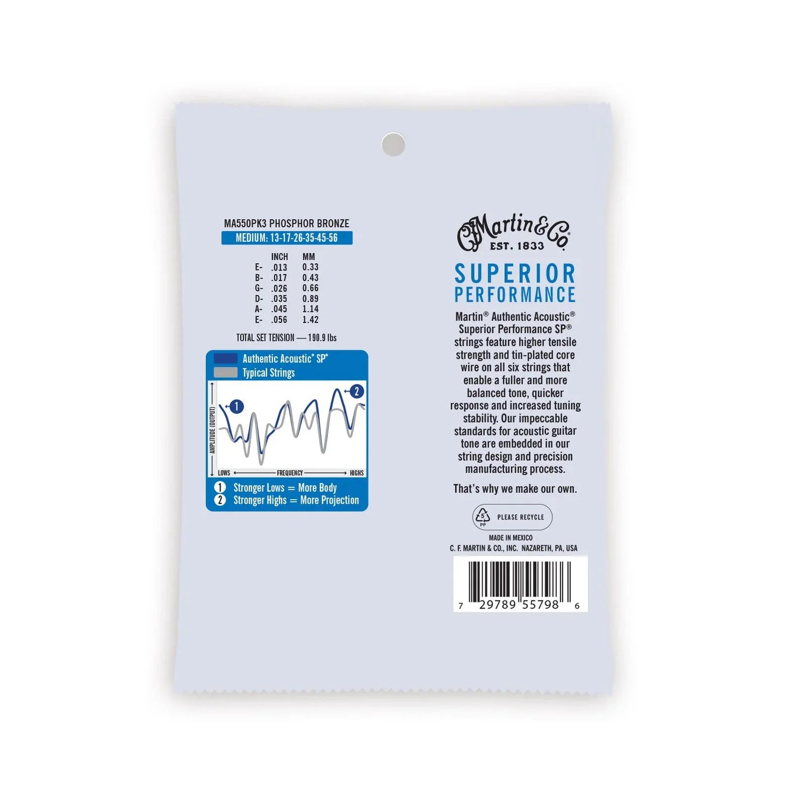 Martin MA550PK3 Authentic Acoustic SP Guitar Strings Phosphor Bronze 13-56 - 3 Pack