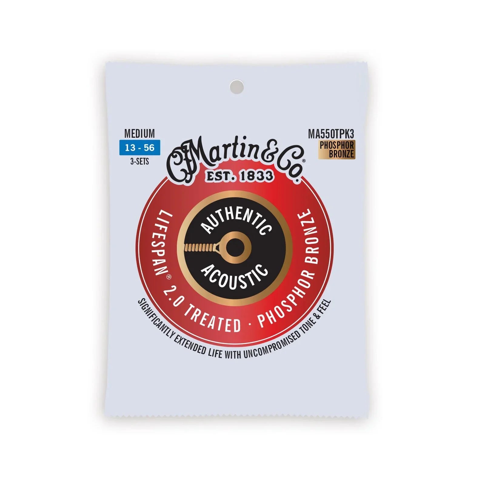 Martin MA550TPK3 Authentic Acoustic Lifespan 2.0 Guitar Strings Phosphor Bronze 13-56 - 3 Pack