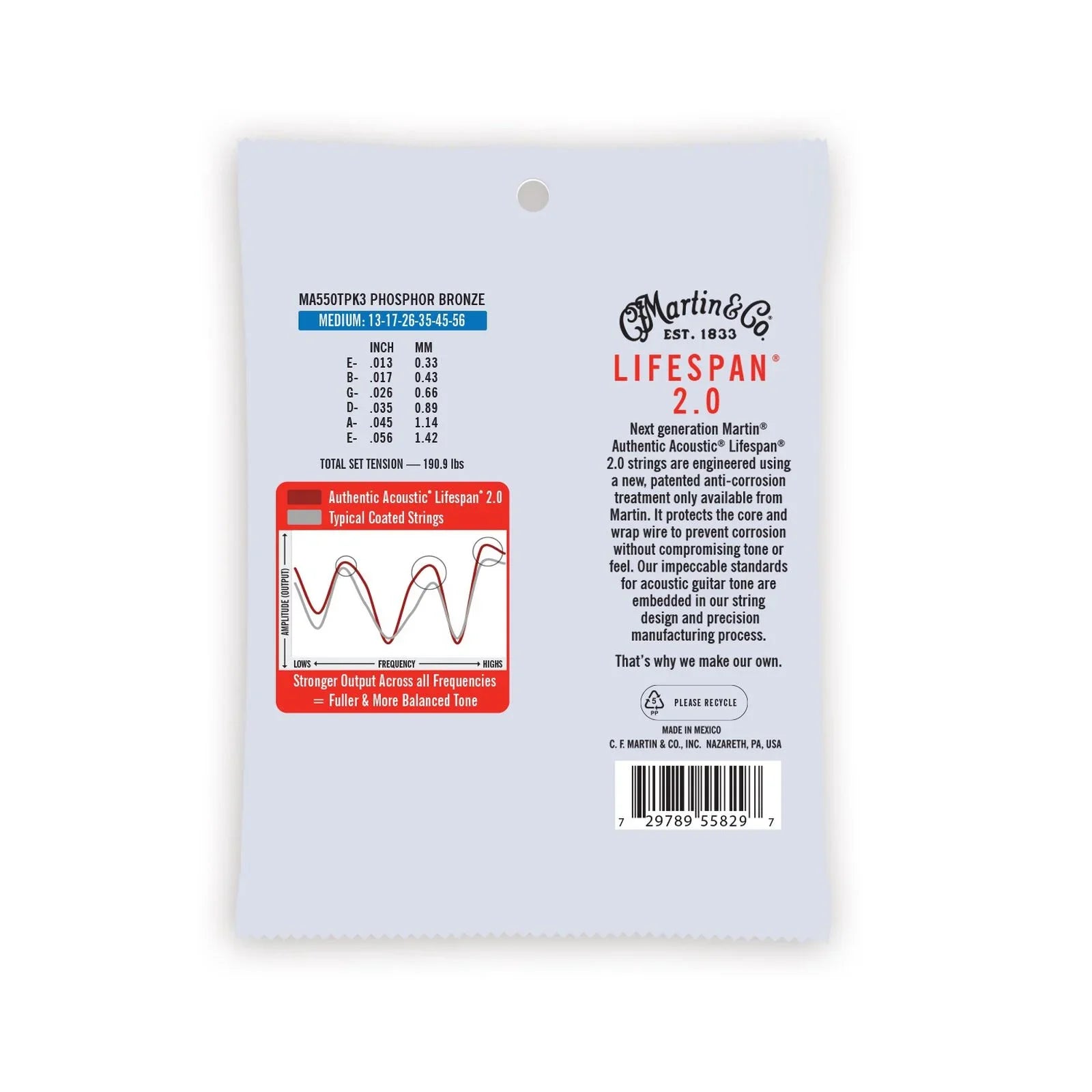 Martin MA550TPK3 Authentic Acoustic Lifespan 2.0 Guitar Strings Phosphor Bronze 13-56 - 3 Pack