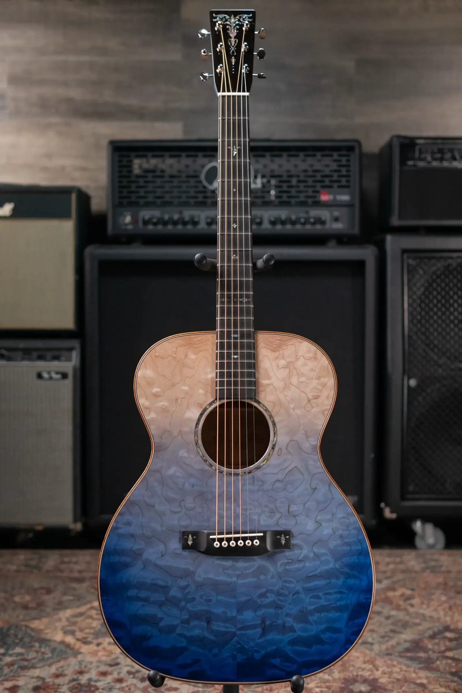 Martin Custom Shop Style 45 OM-14F Acoustic Guitar - Quilted Maple, Blue Ocean Fade Burst with Hardshell Case