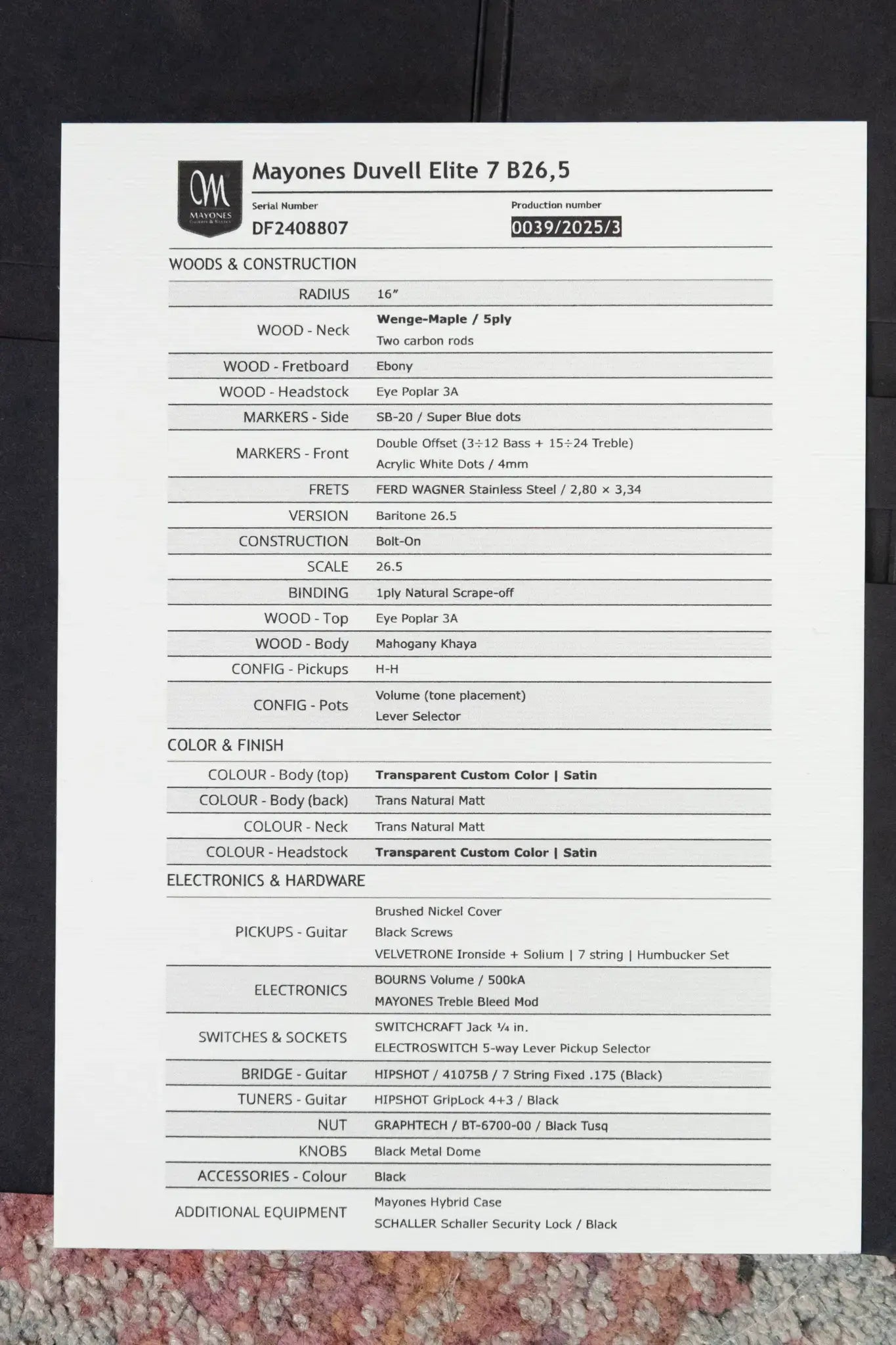 Mayones Duvell Elite 7 Electric Guitar -  Custom