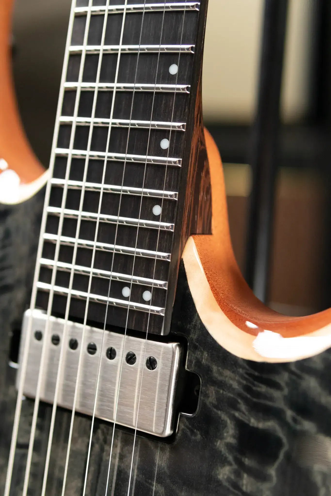 Mayones Duvell Elite 7 Electric Guitar - Trans Graphite 3A Curly Poplar