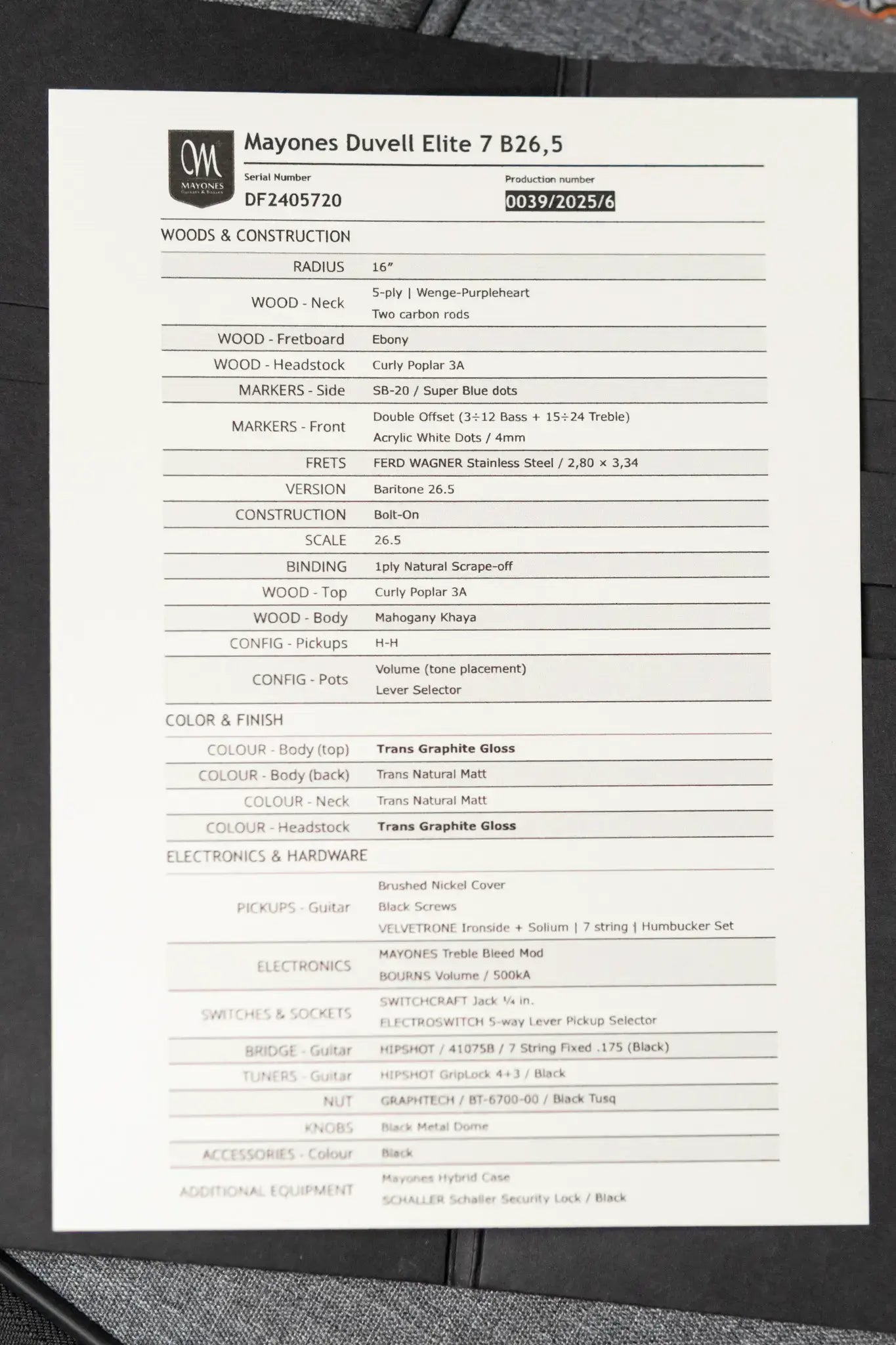 Mayones Duvell Elite 7 Electric Guitar - Trans Graphite 3A Curly Poplar