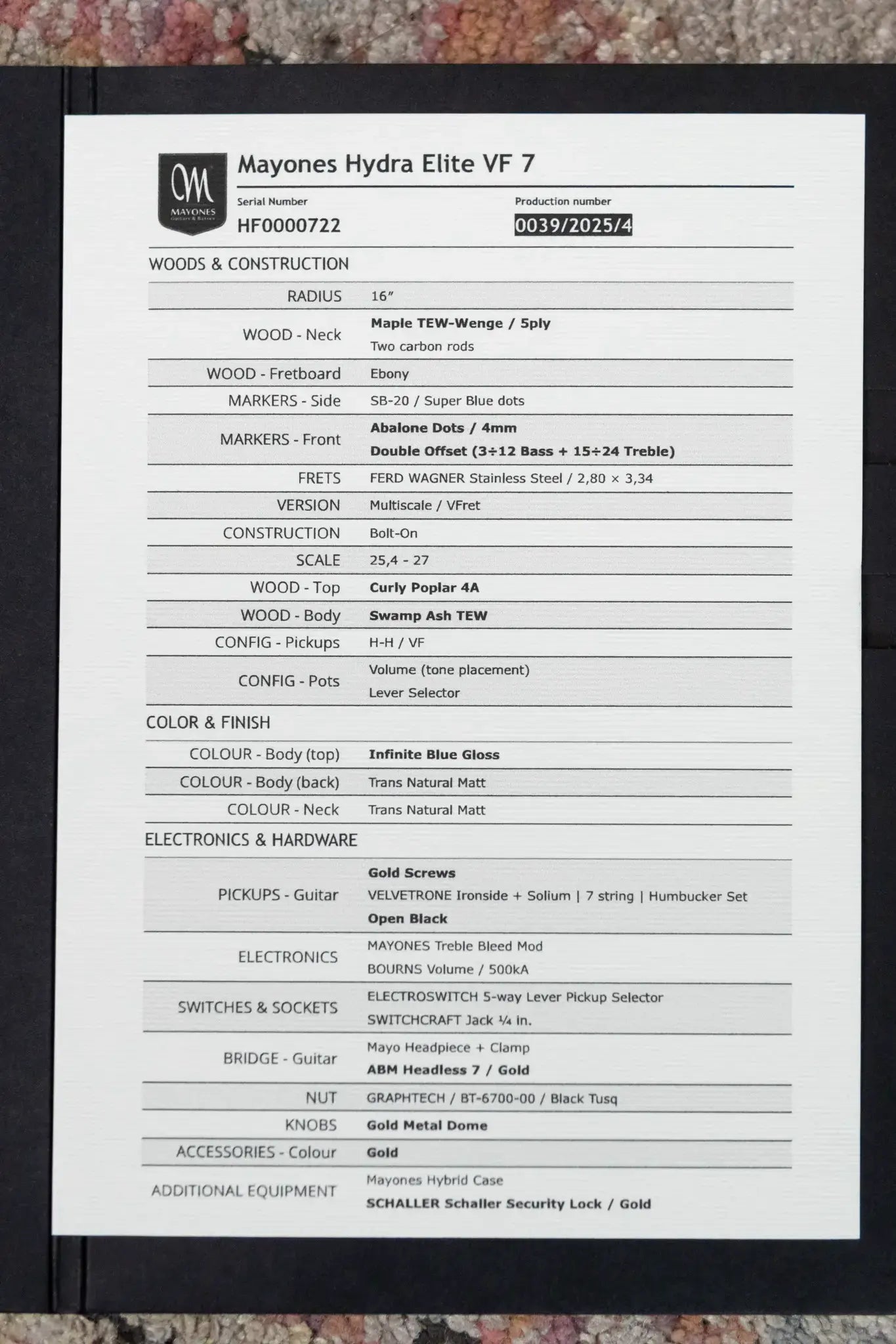 Mayones Hydra Elite VF 7 Electric Guitar - Infinite Blue 4A Curly Poplar