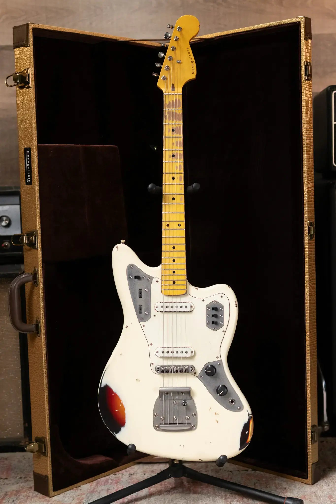 Nash JG-63 Electric Guitar - Olympic White over 3-Tone Burst with Hardshell Case