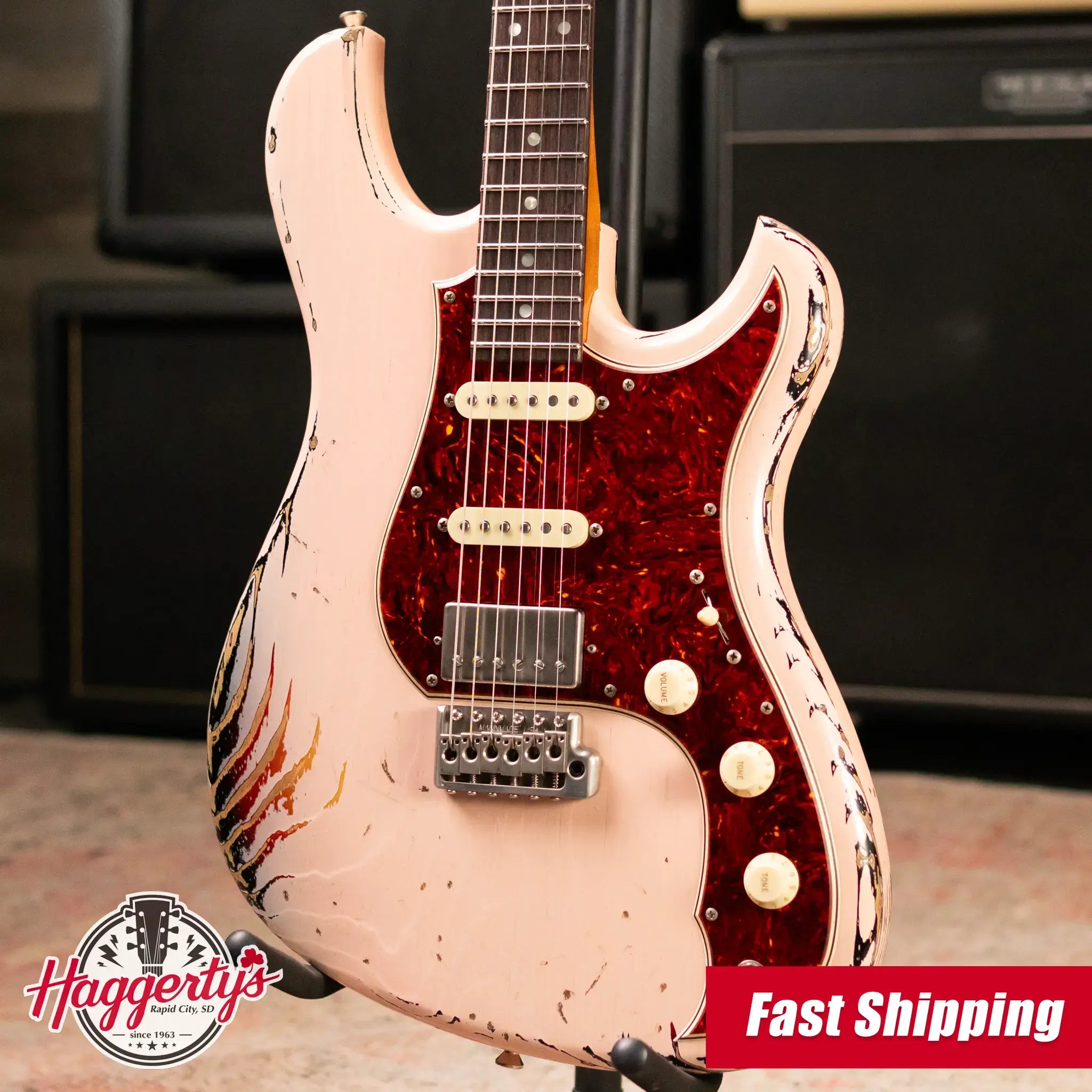 Novo Custom Idris HSS Electric Guitar - Shell Pink over '64 3-Tone Burst with Softshell Gig Bag