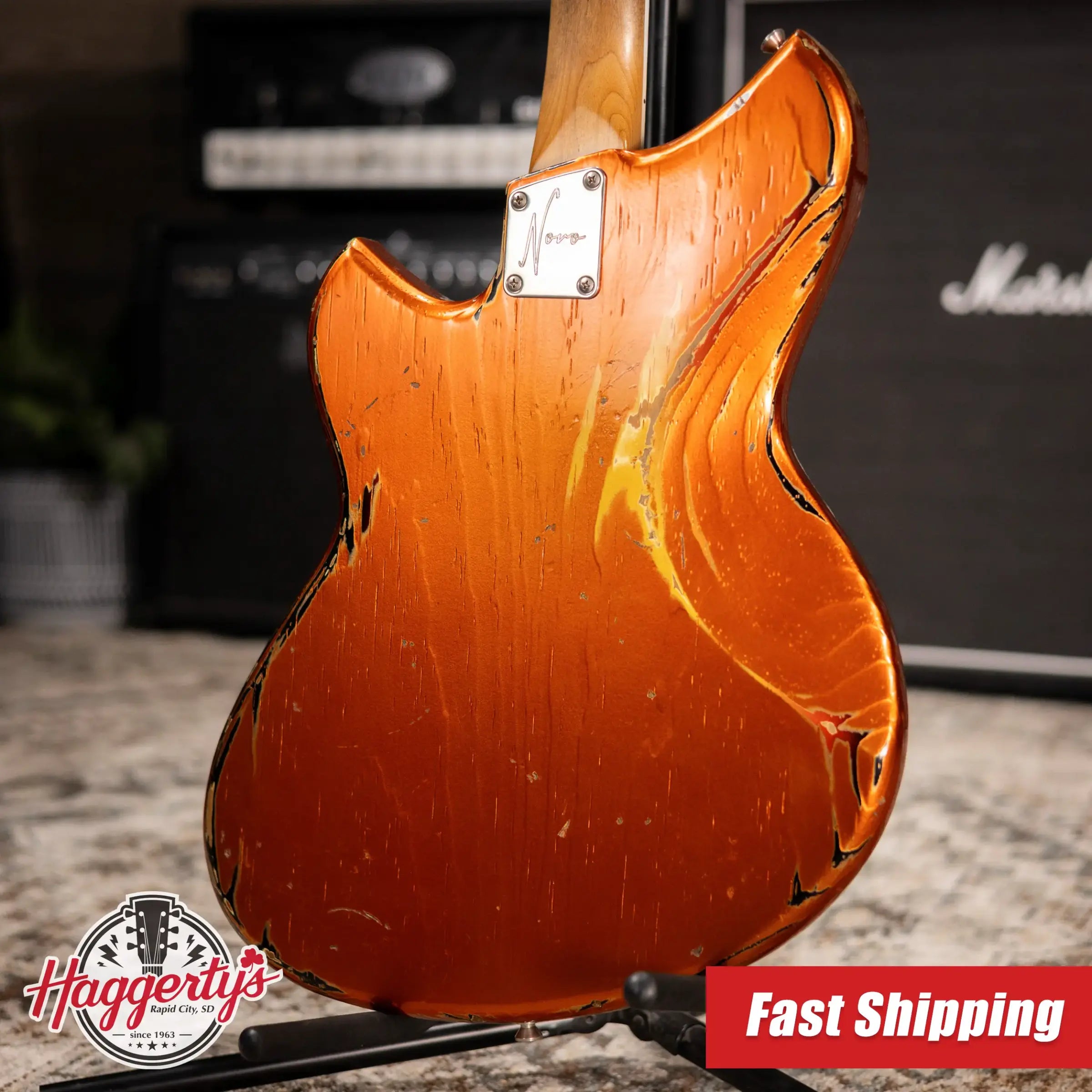 Novo Custom Shop Serus J Baritone Electric Guitar - Candy Apple Orange over 64 3-Tone Burst with Gig Bag