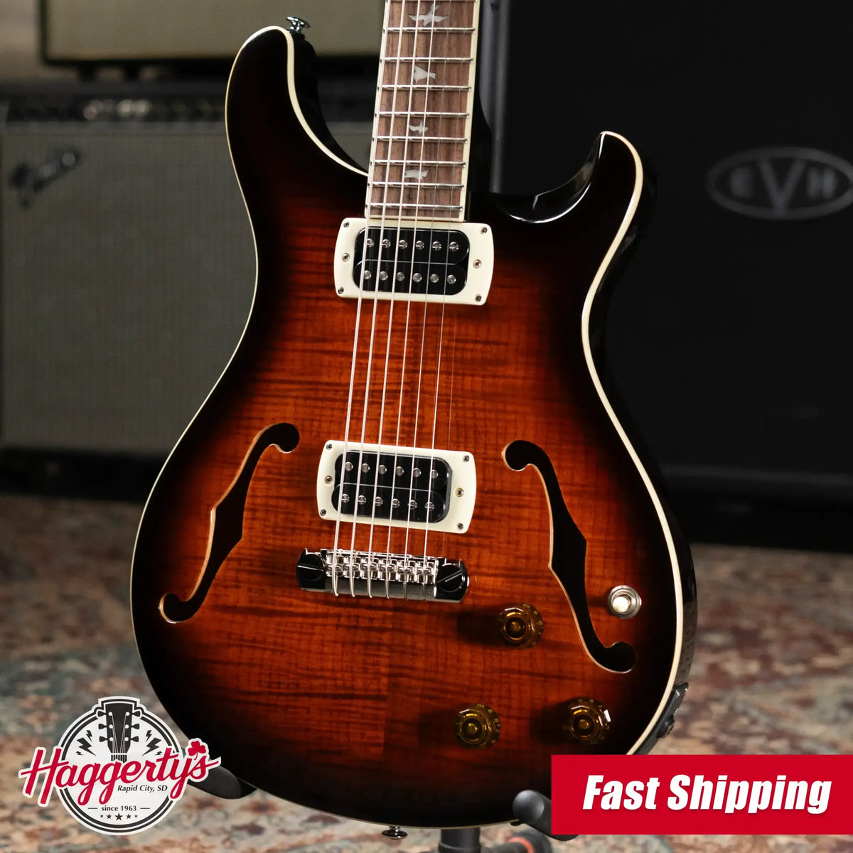 PRS SE Ed Sheeran Hollowbody I Baritone Piezo Electric Guitar - Orange Tiger Smokeburst with Gig Bag