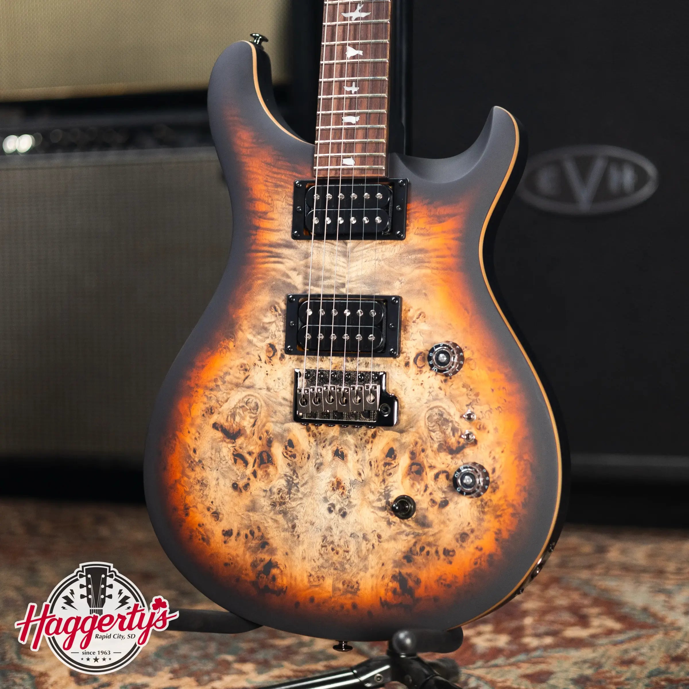 PRS SE "Exotic" Custom 24-08 Poplar Burl Electric Guitar - Charcoal Cherry Midnight Burst with Gig Bag