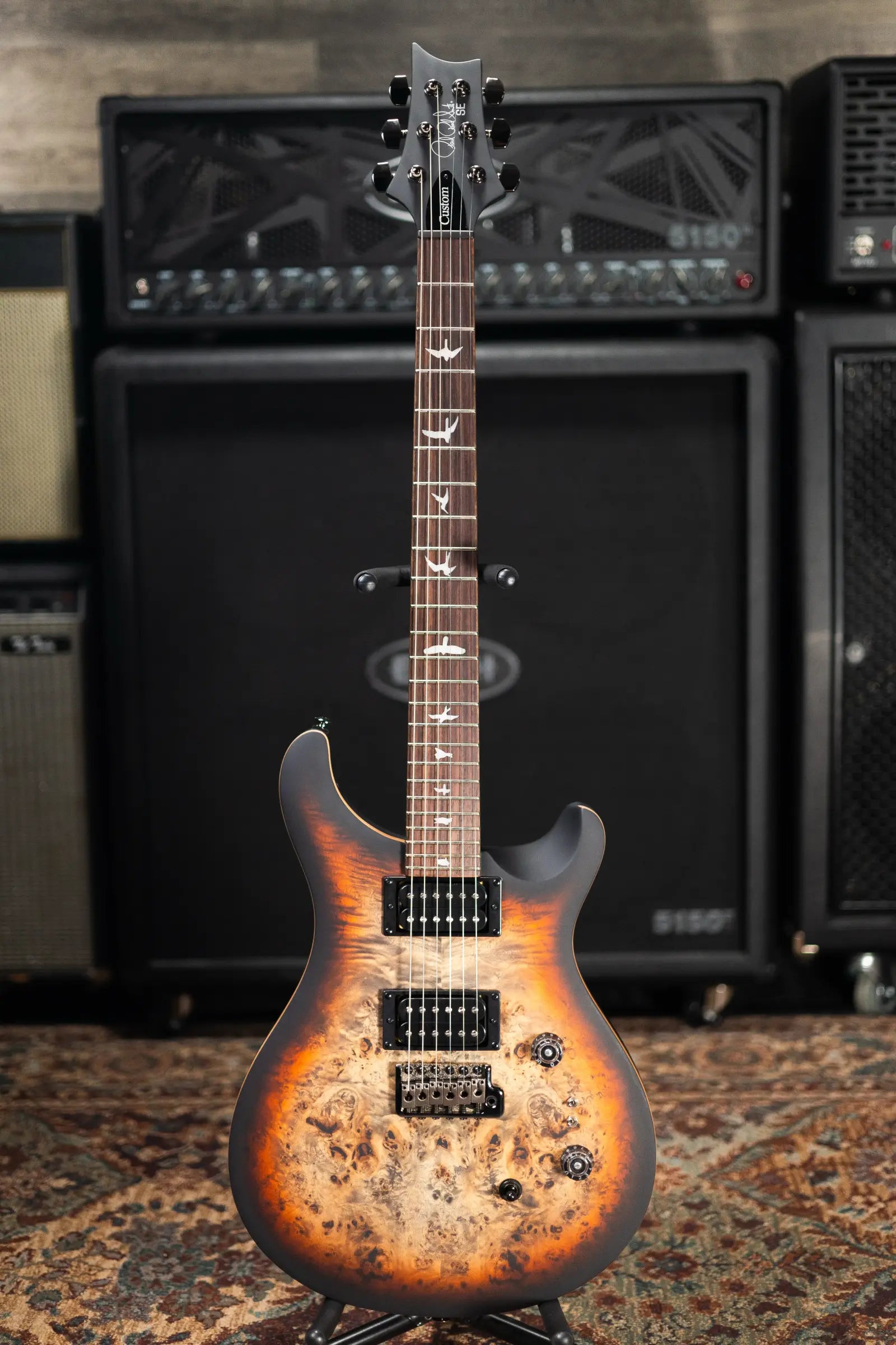 PRS SE "Exotic" Custom 24-08 Poplar Burl Electric Guitar - Charcoal Cherry Midnight Burst with Gig Bag