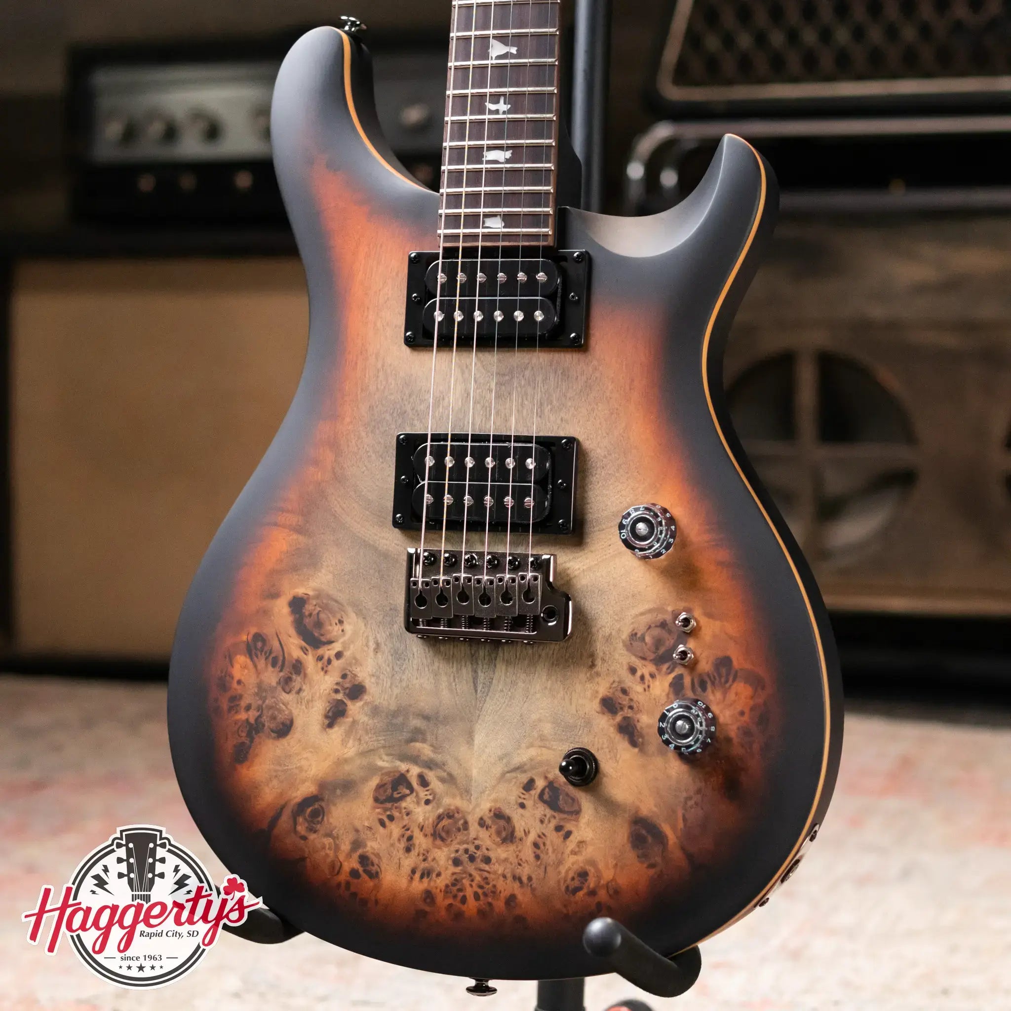 PRS SE "Exotic" Custom 24-08 Poplar Burl Electric Guitar - Charcoal Cherry Midnight Burst with Gig Bag