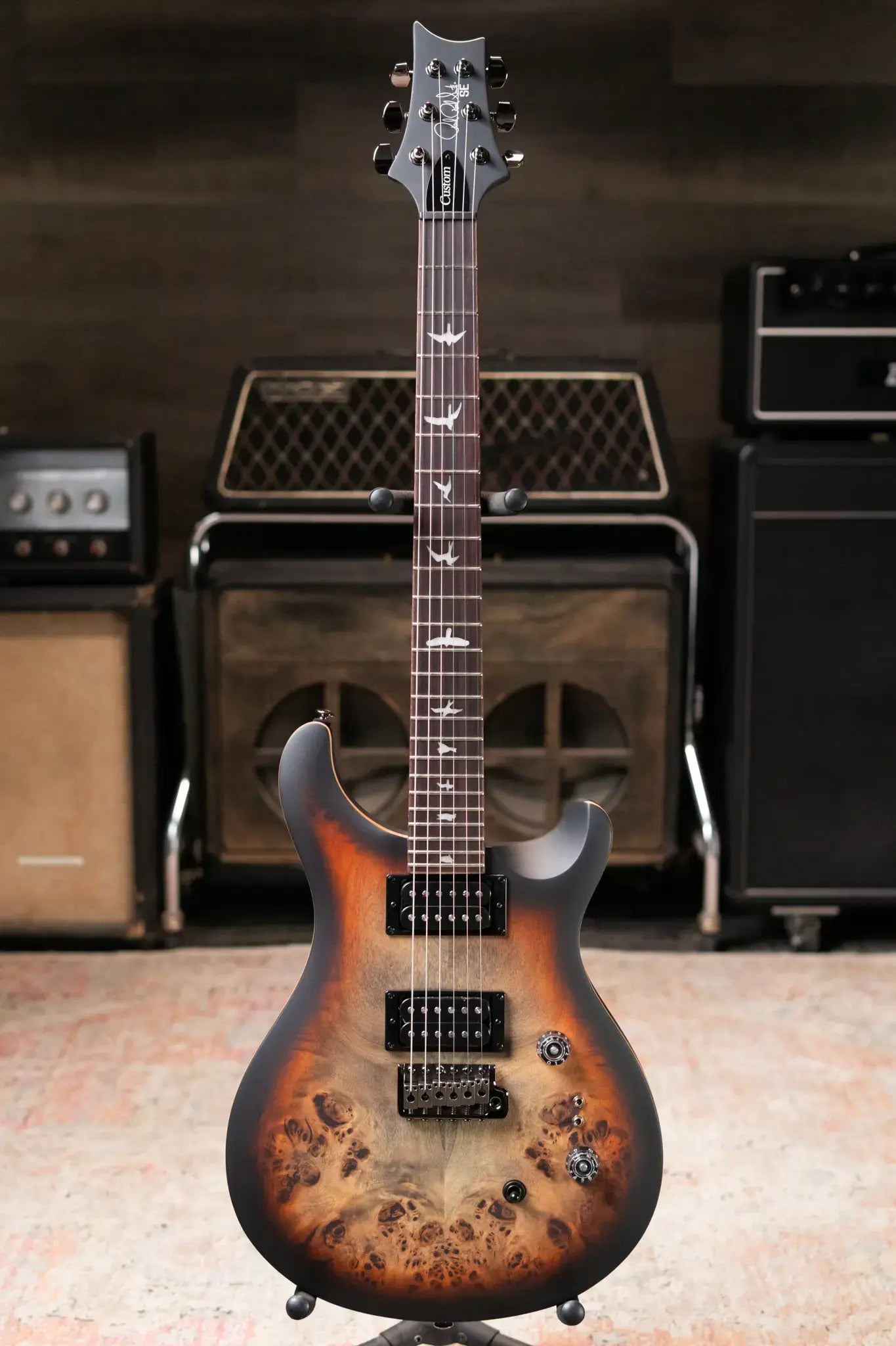 PRS SE "Exotic" Custom 24-08 Poplar Burl Electric Guitar - Charcoal Cherry Midnight Burst with Gig Bag