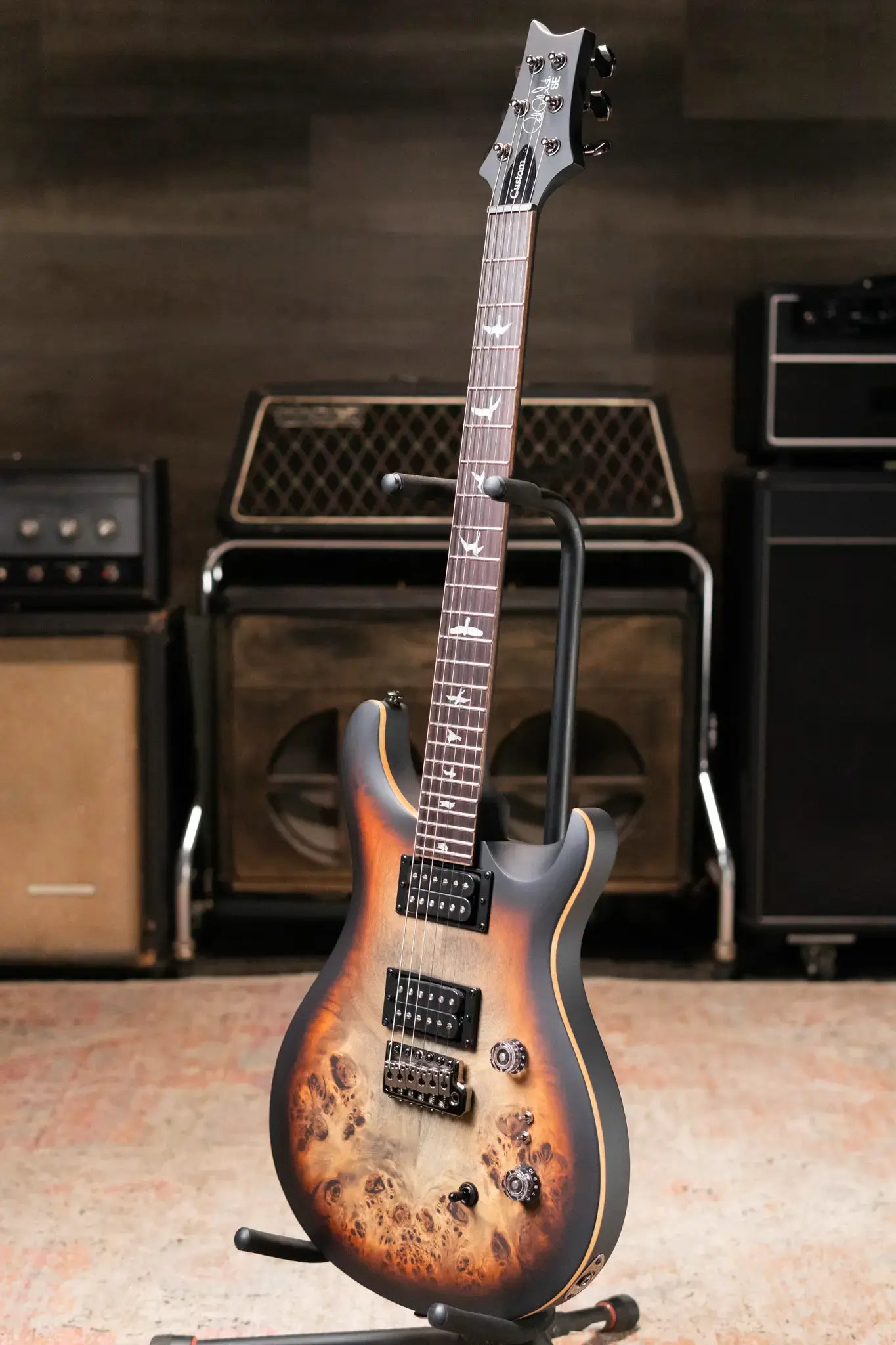 PRS SE "Exotic" Custom 24-08 Poplar Burl Electric Guitar - Charcoal Cherry Midnight Burst with Gig Bag