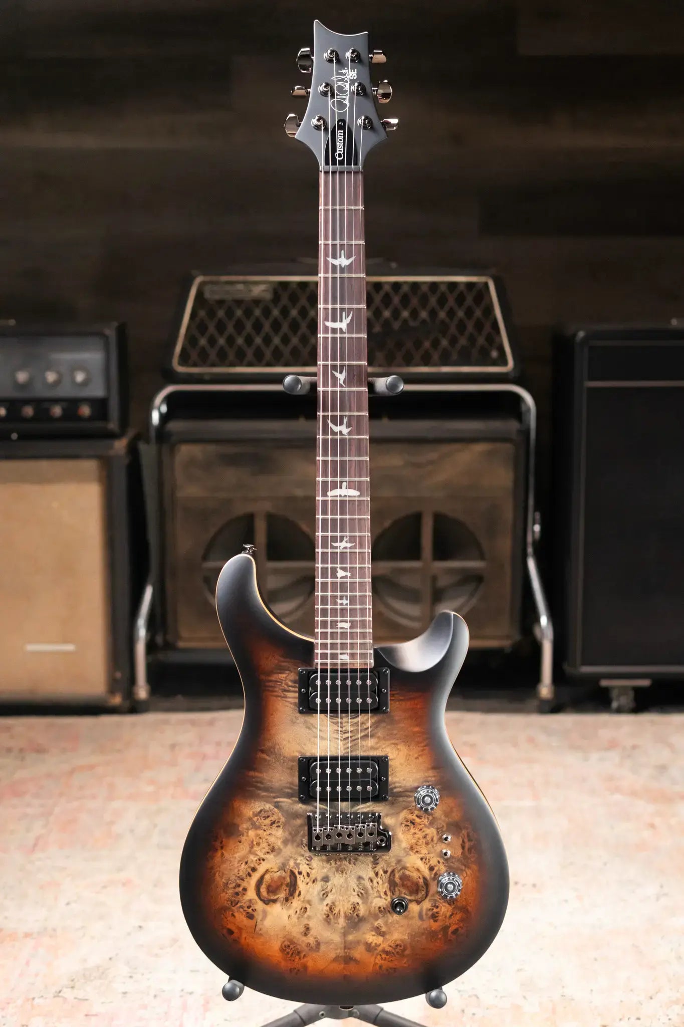 PRS SE "Exotic" Custom 24-08 Poplar Burl Electric Guitar - Charcoal Cherry Midnight Burst with Gig Bag