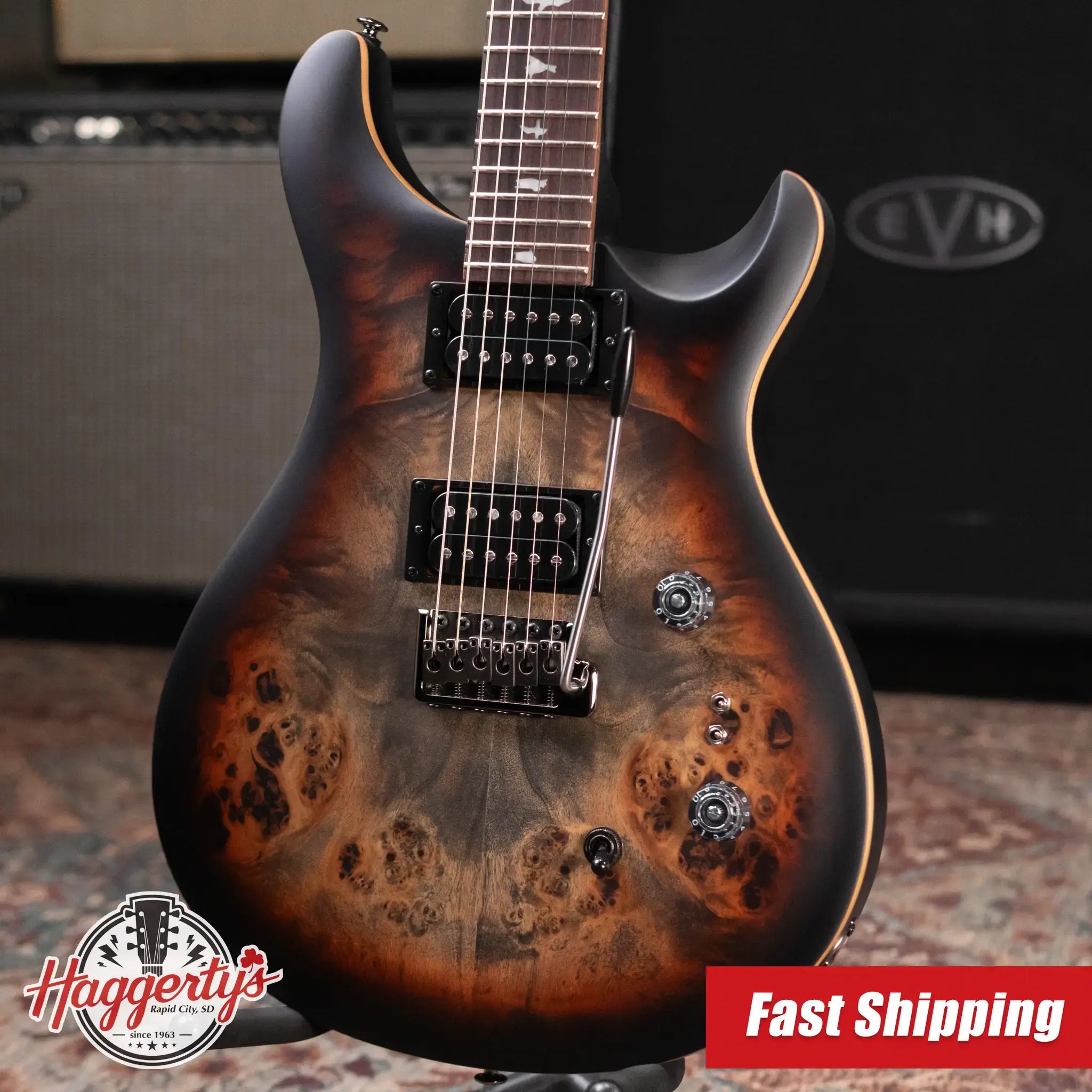 PRS SE "Exotic" Custom 24-08 Poplar Burl Electric Guitar - Charcoal Cherry Midnight Burst with Gig Bag